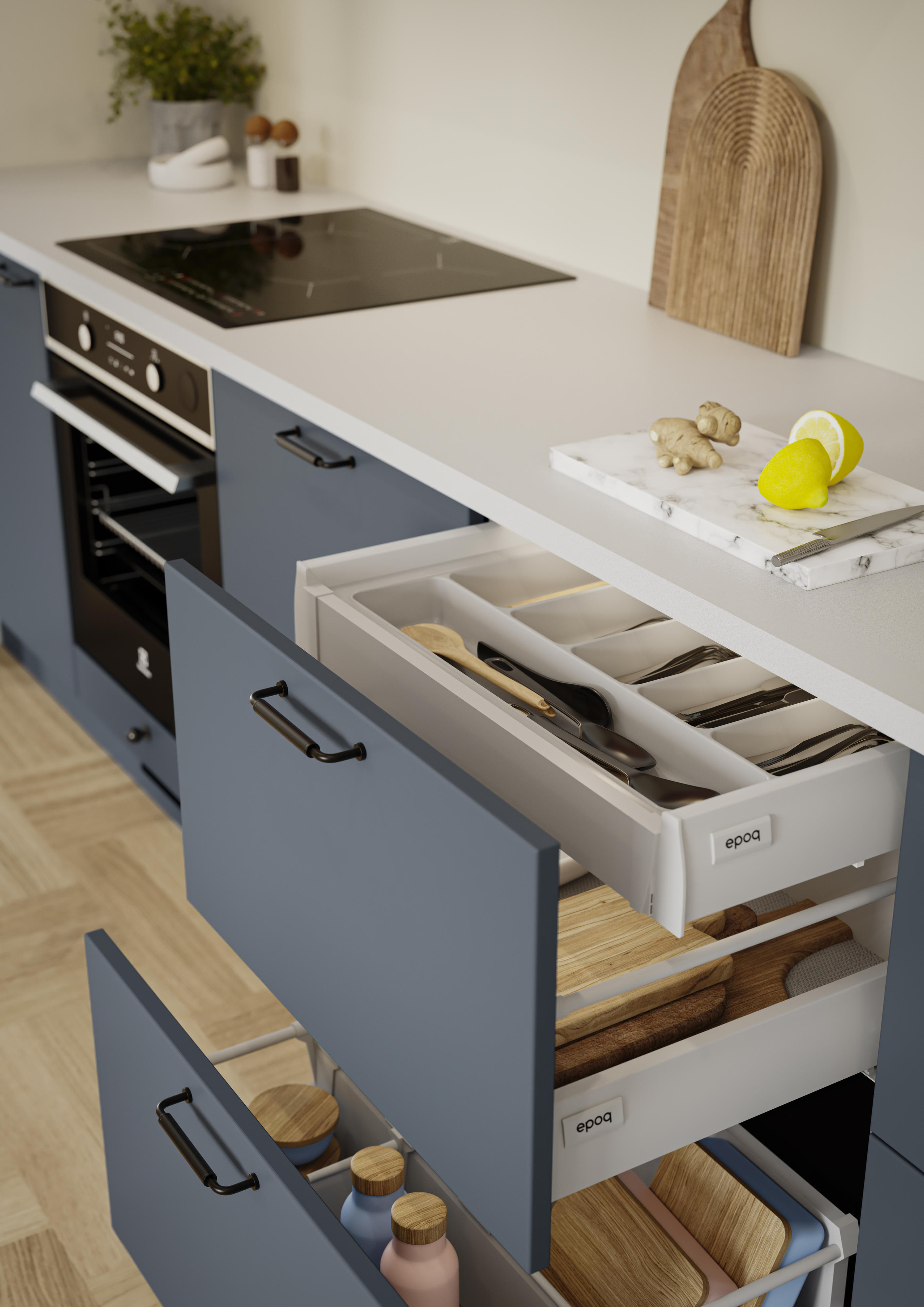 EPOQ Trend Blue Grey kjøkkenseksjon med åpne skuffer