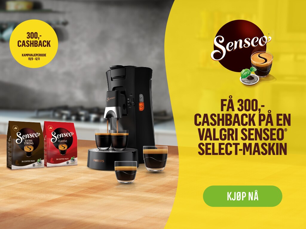 En Phillips Senseo espressomaskin, poser med Senseokaffe og teksten få 300 cashback på en valgfri senseo Select maskin