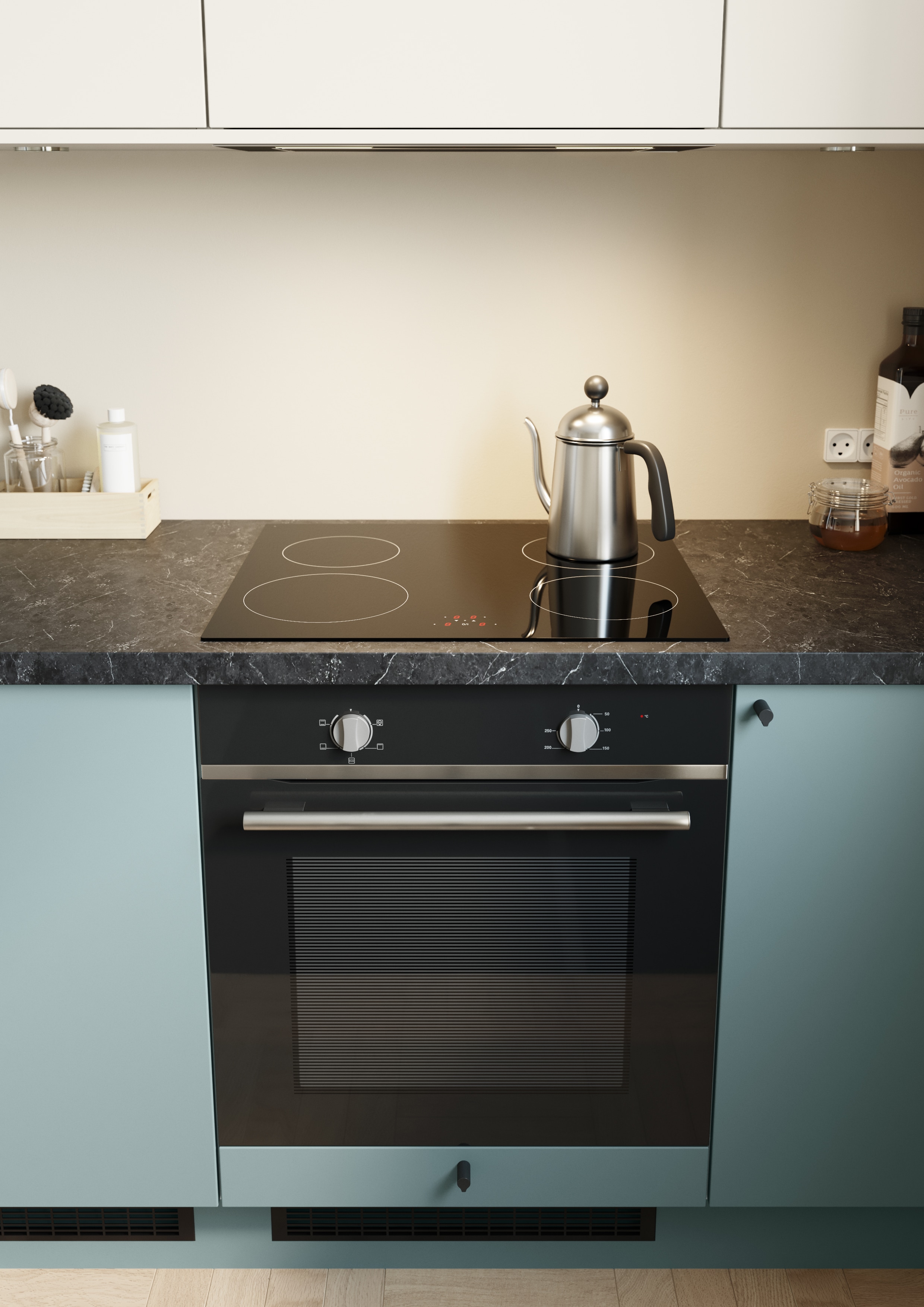 Epoq Trend Petrol og Warm White åpent kjøkken med integrert stekeovn og platetopp med kaffekanne