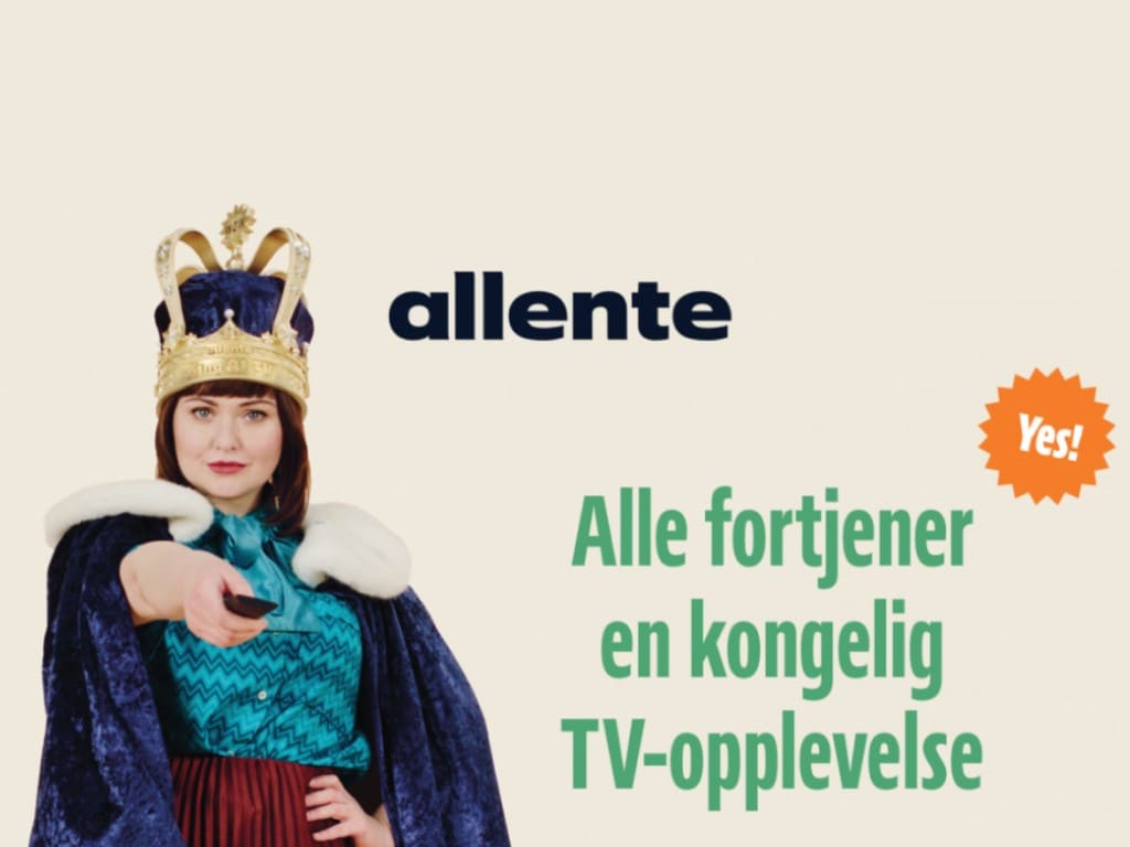 Allente logo, en kvinne i kongekrone og kappe som peker mot deg med en fjernkontroll