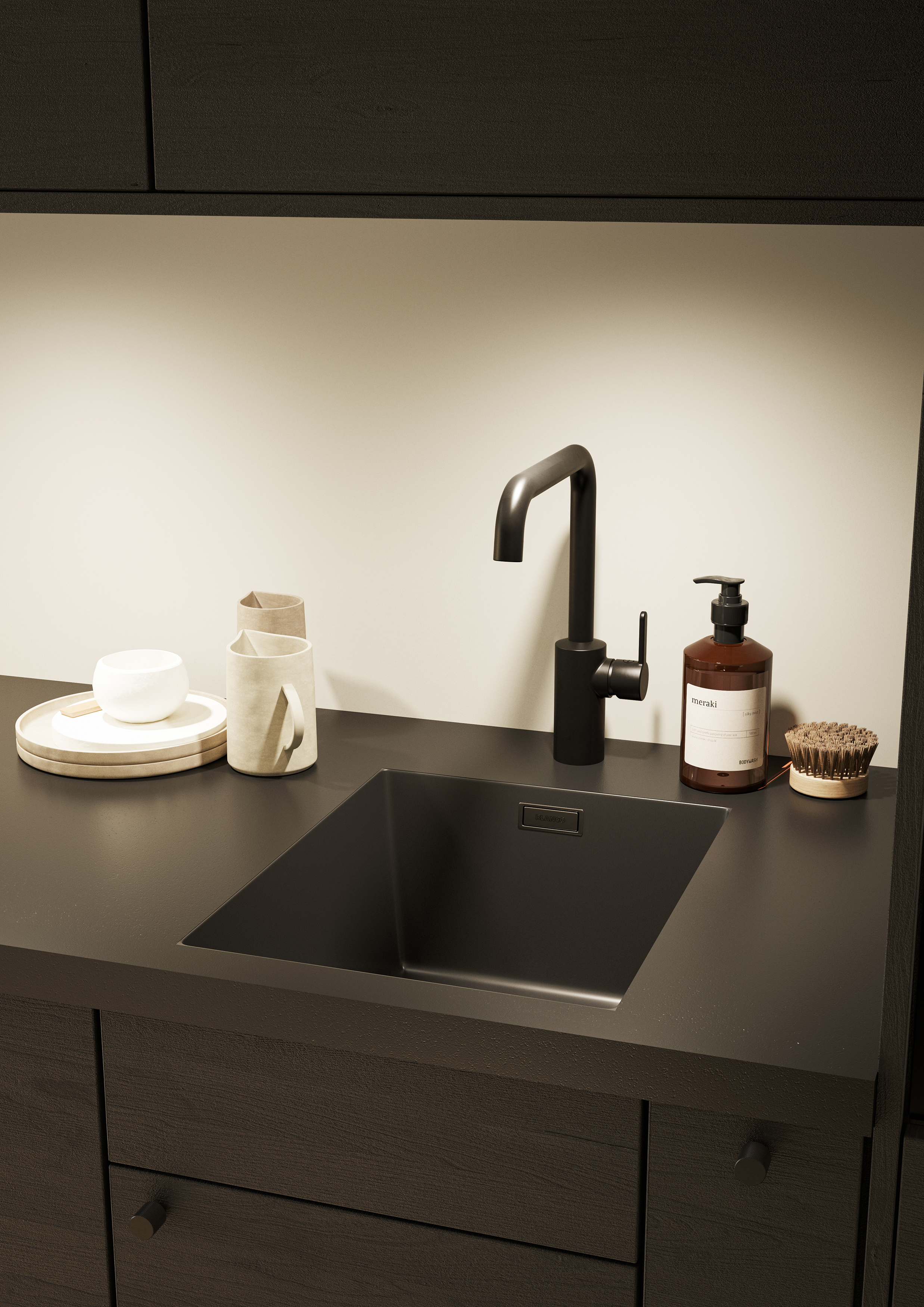 Epoq Edge Black Ash-kjøkken med Damixa sort blandebatteri og Blanco Subline sort vask.