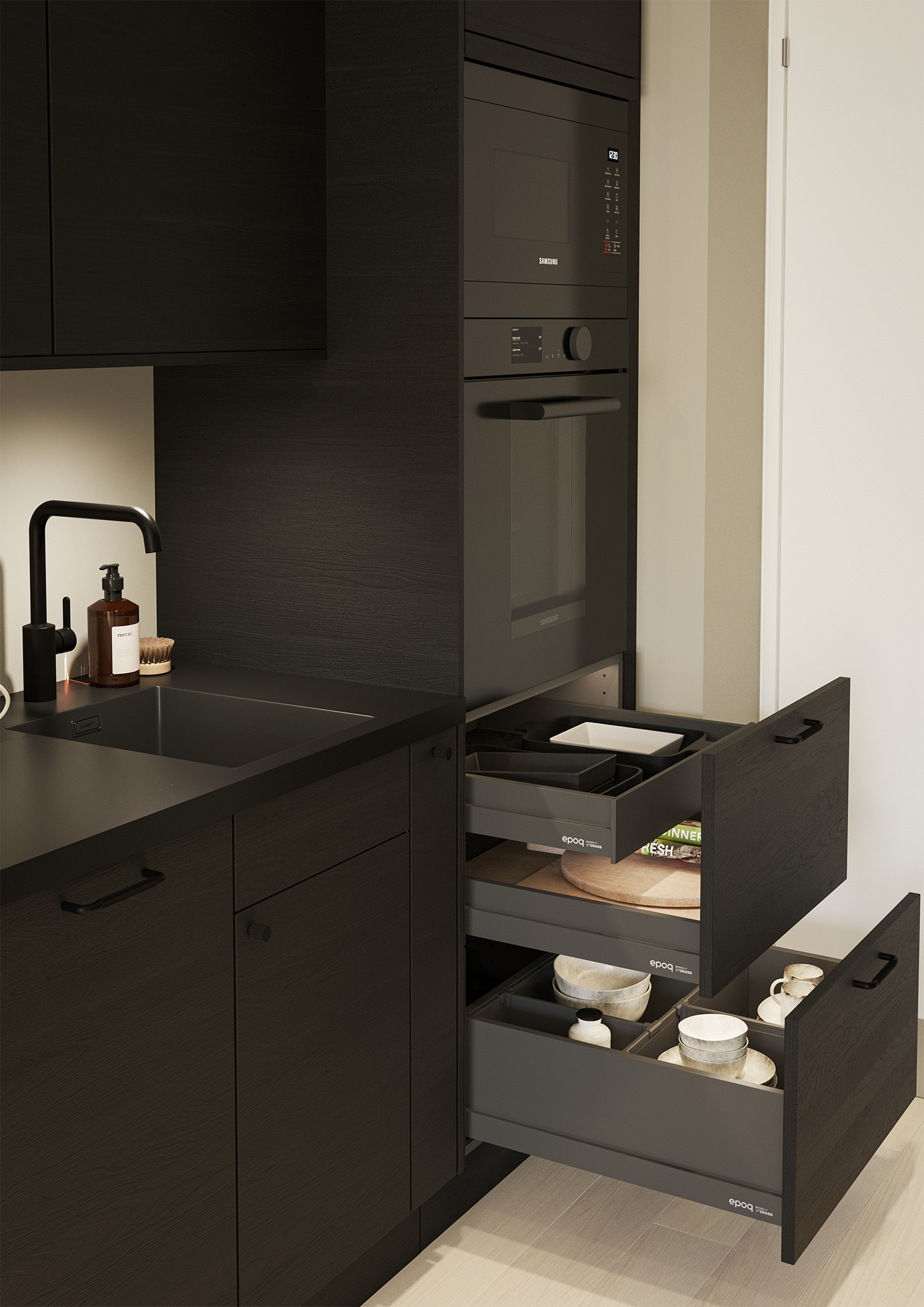 Et Epoq Edge Black Ash-kjøkken med åpne skuffer