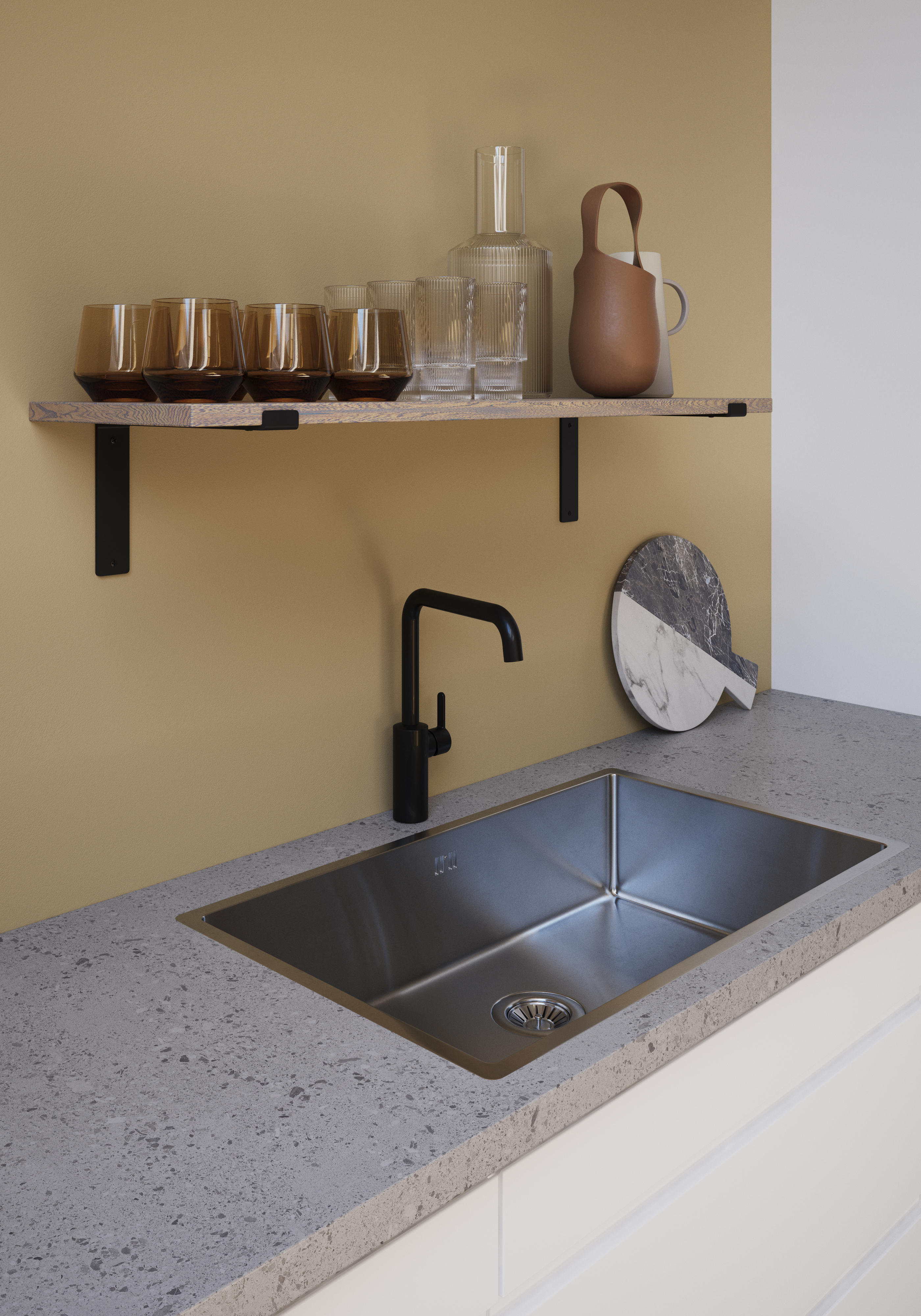 Epoq Integra Chalk hvitt kjøkken med Terrazzo Grey laminatbenkeplate og romslig vask