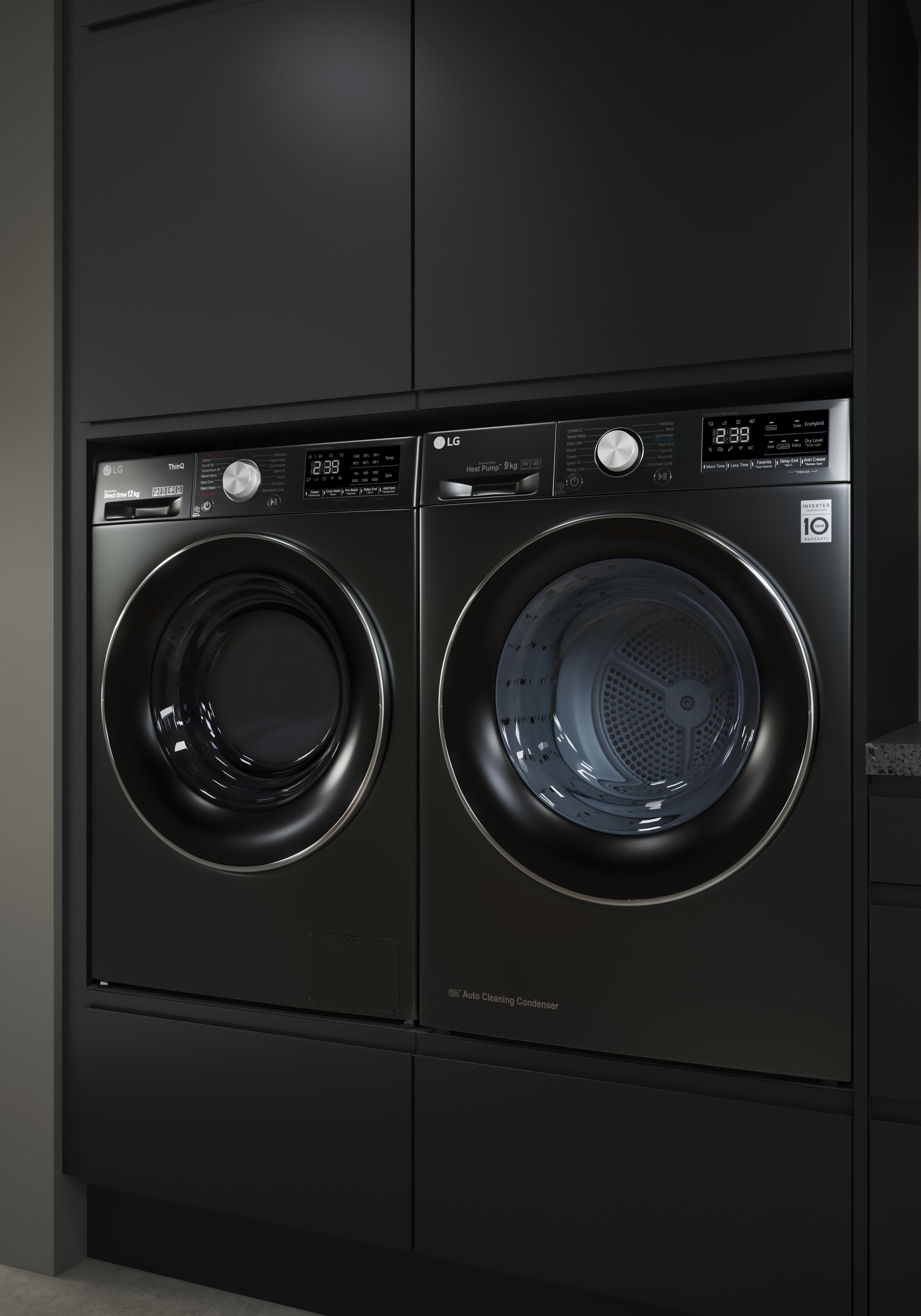 Epoq Integra Black vaskerom med nærmere titt på  sort vaskemaskin og tørketrommel