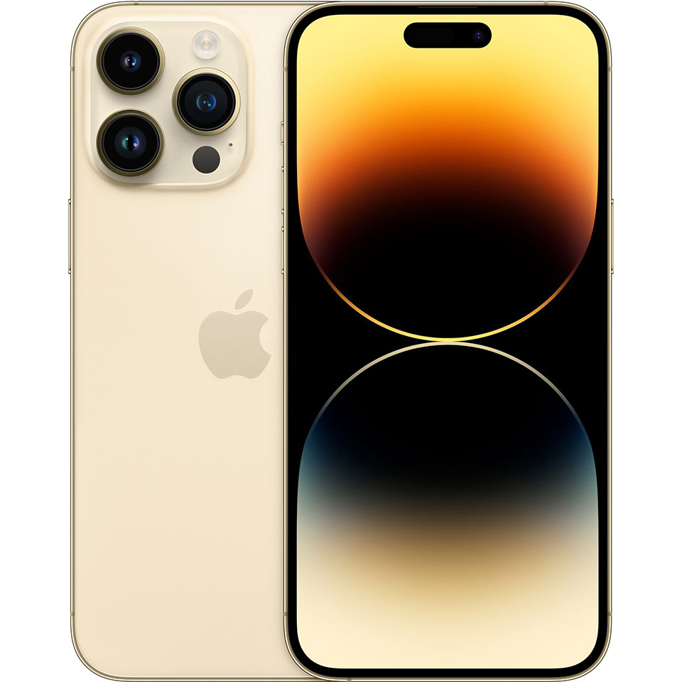 iPhone 14 Pro Max-modell i gull sett forfra og bakfra