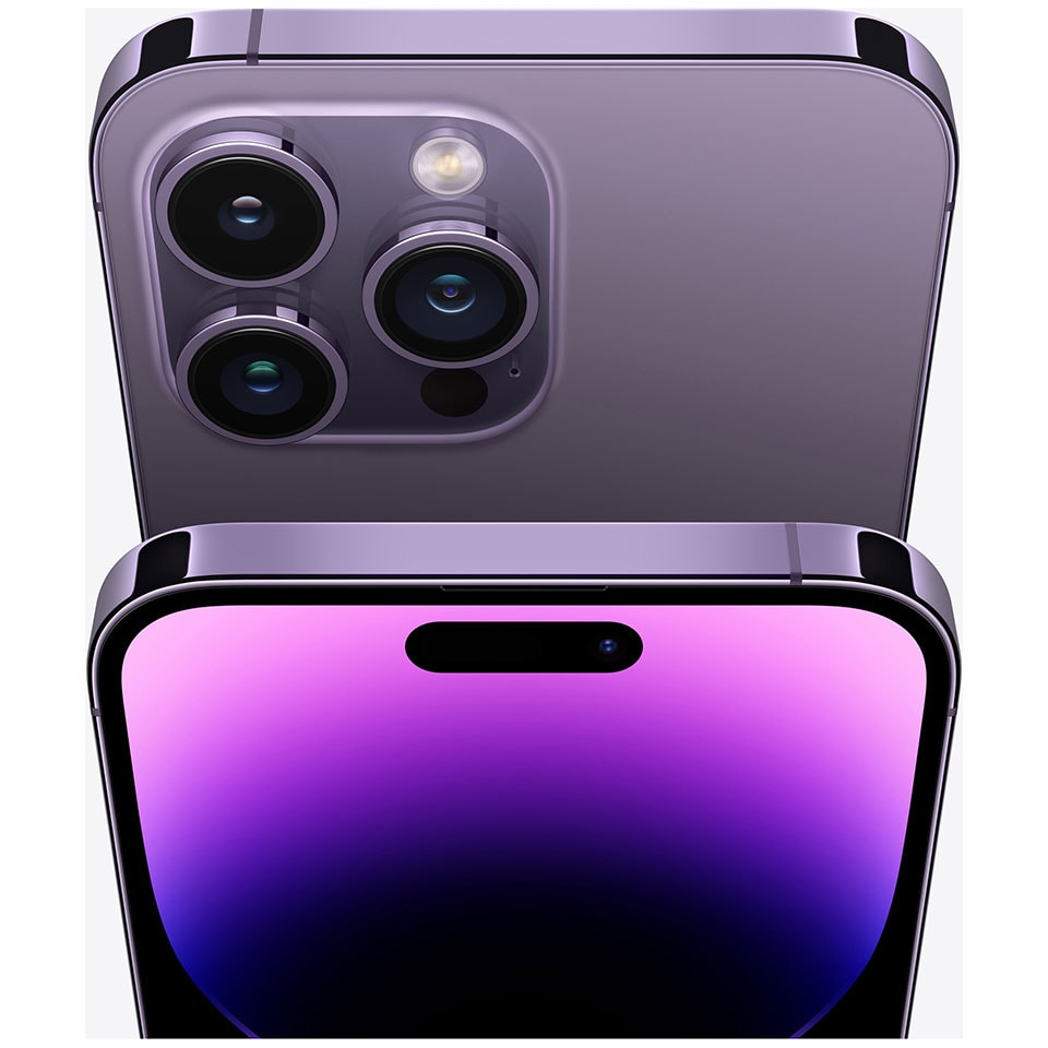 iPhone 14 Pro Max-modell i mørk lilla med fokus på kamera og skjerm