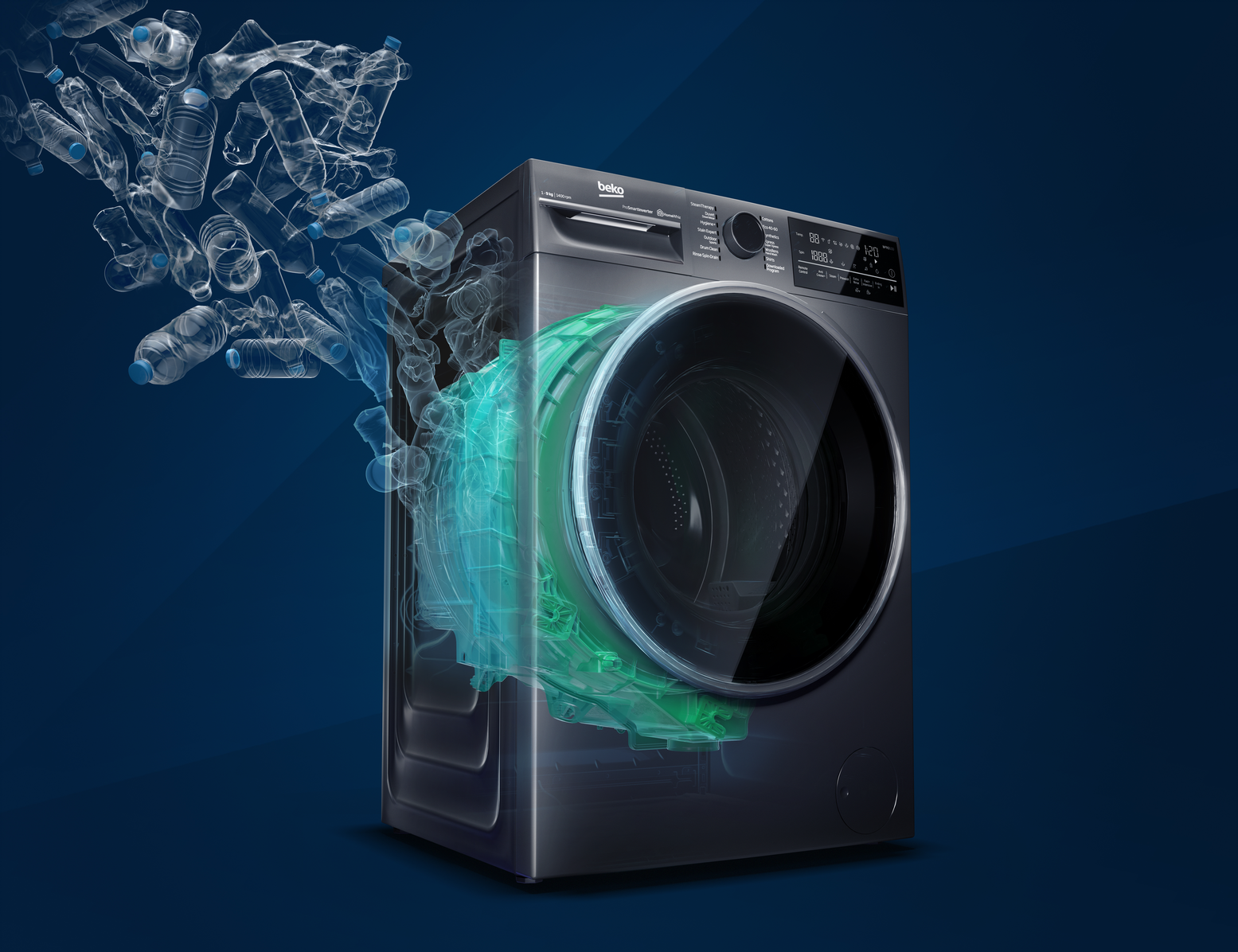 Plastflasker og en Beko vaskemaskin under vann
