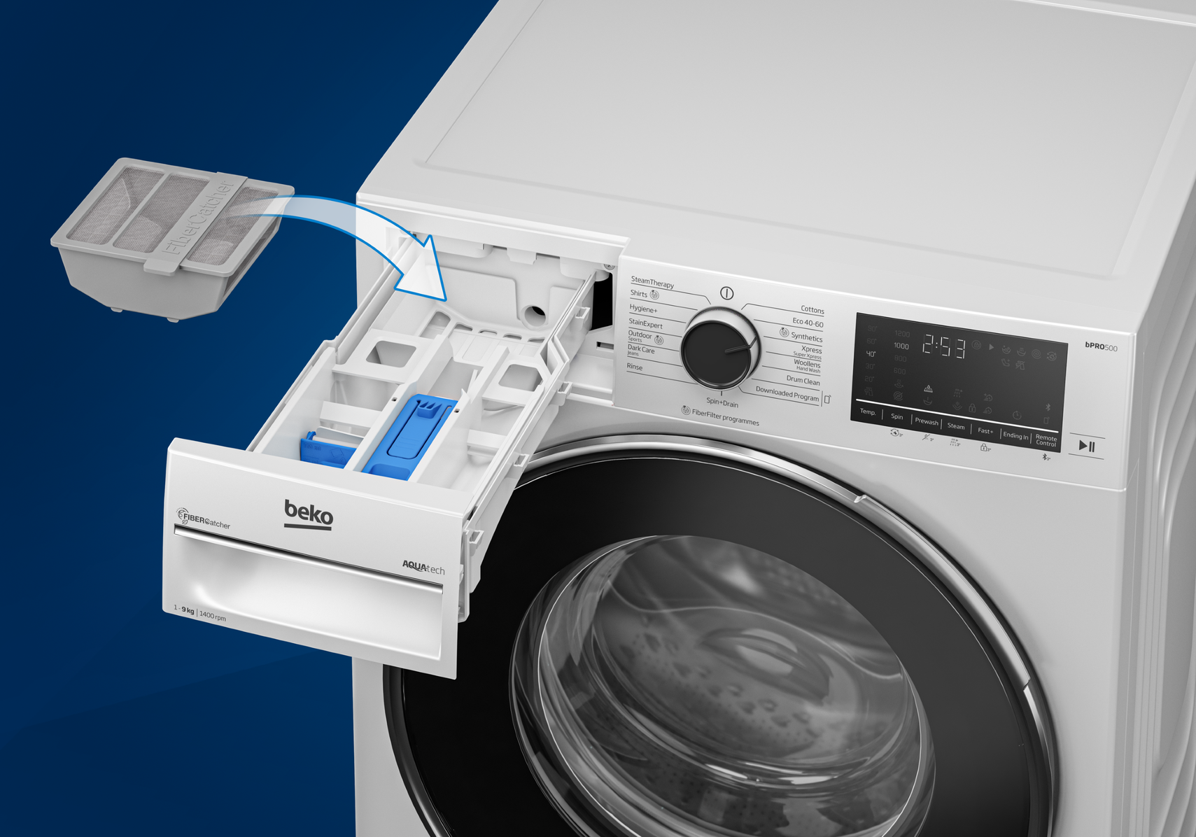 En Beko vaskemaskin en en åpen luke som viser filteret Fibercatcher