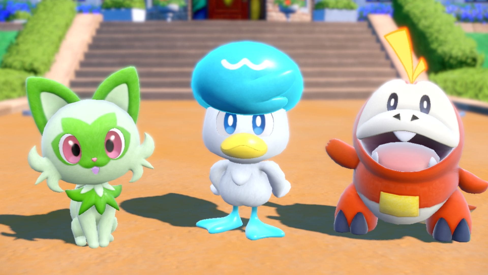 Tre nye pokémon Sprigatito, Fuecoco og Quaxly.