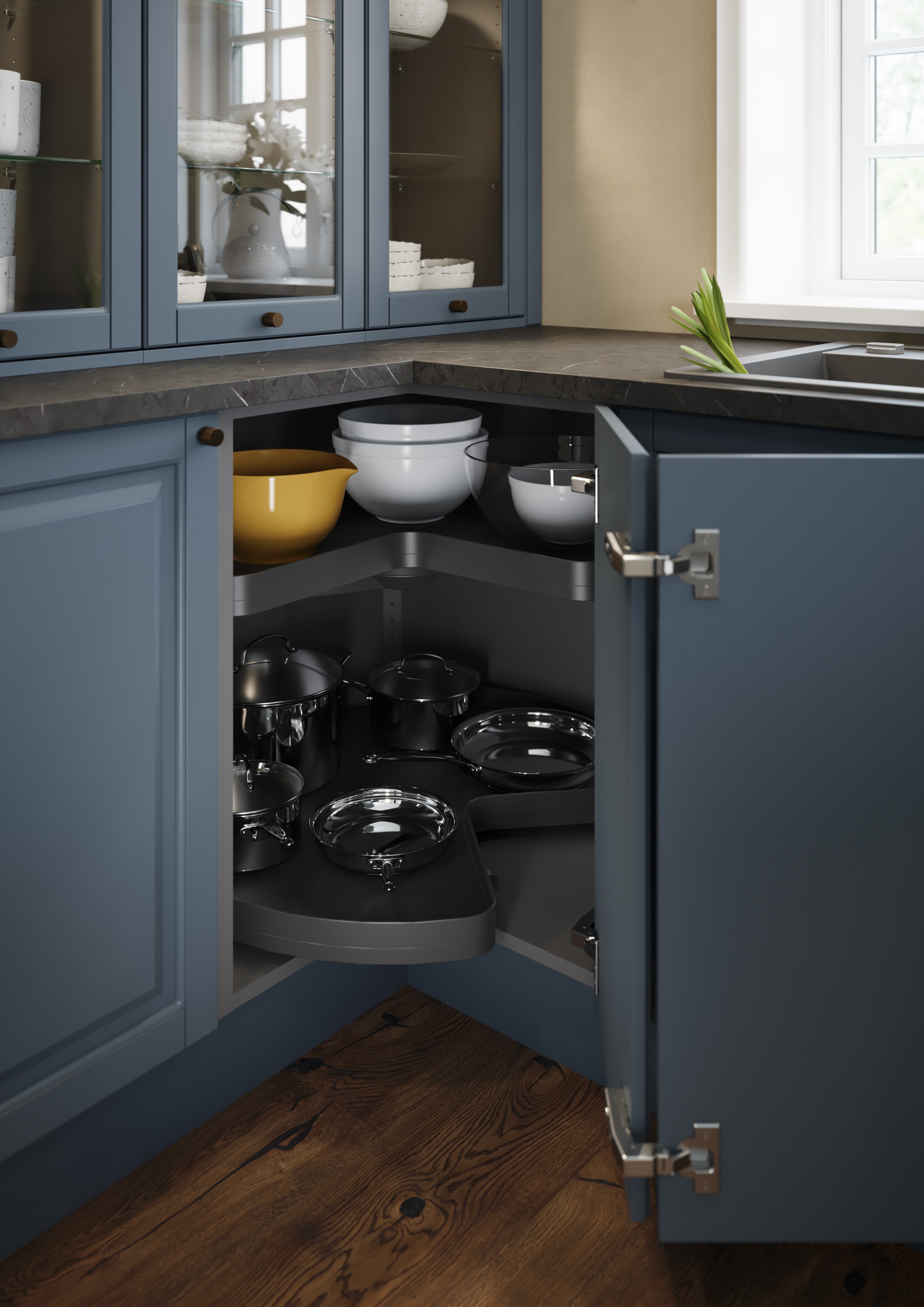Kitchen - Heritage BlueGrey - Blue - Corner Carousel - Glass Cabinets - Laminate Worktop