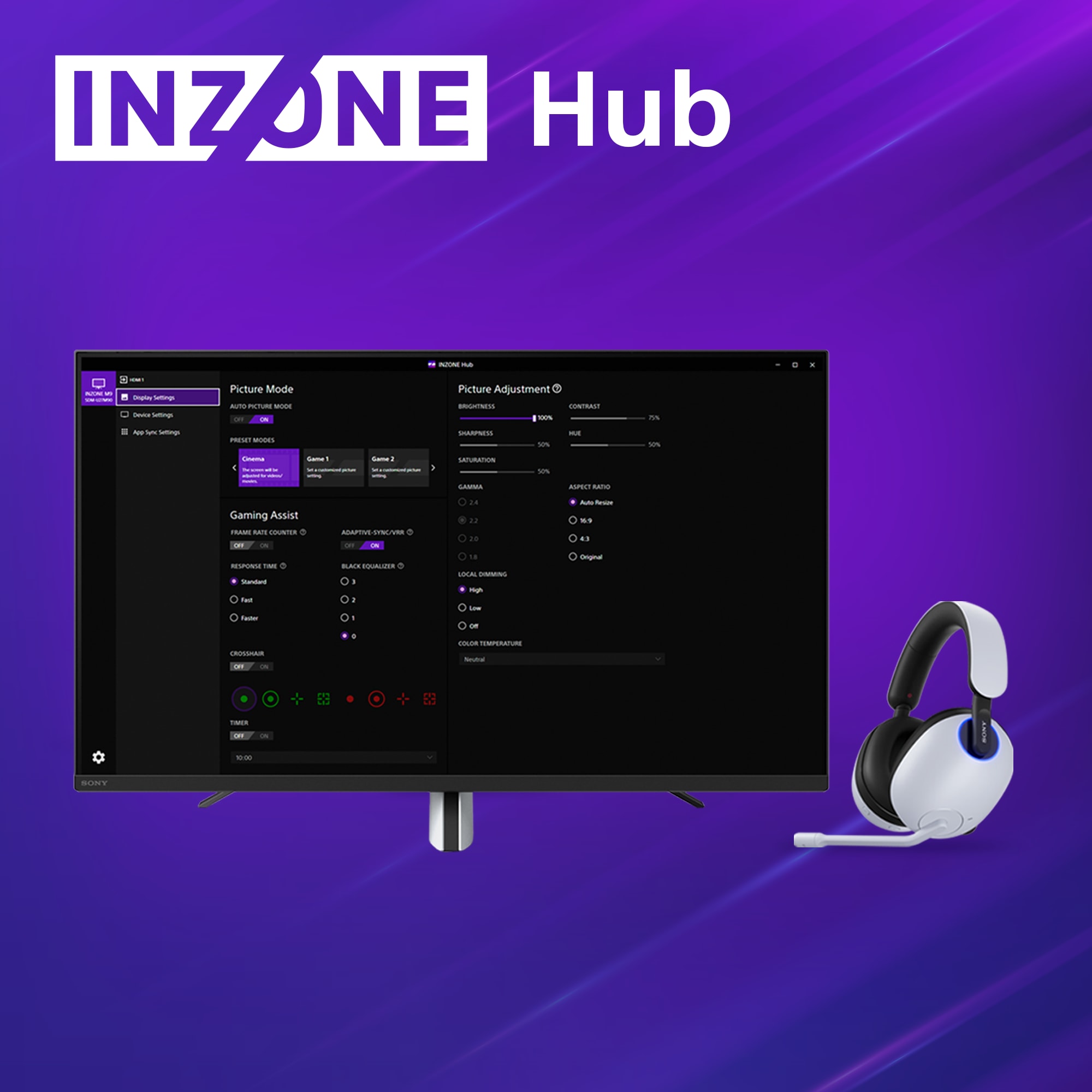 Sony Inzone HUB, spillhodesett og skjerm på blå og lilla bakgrunn