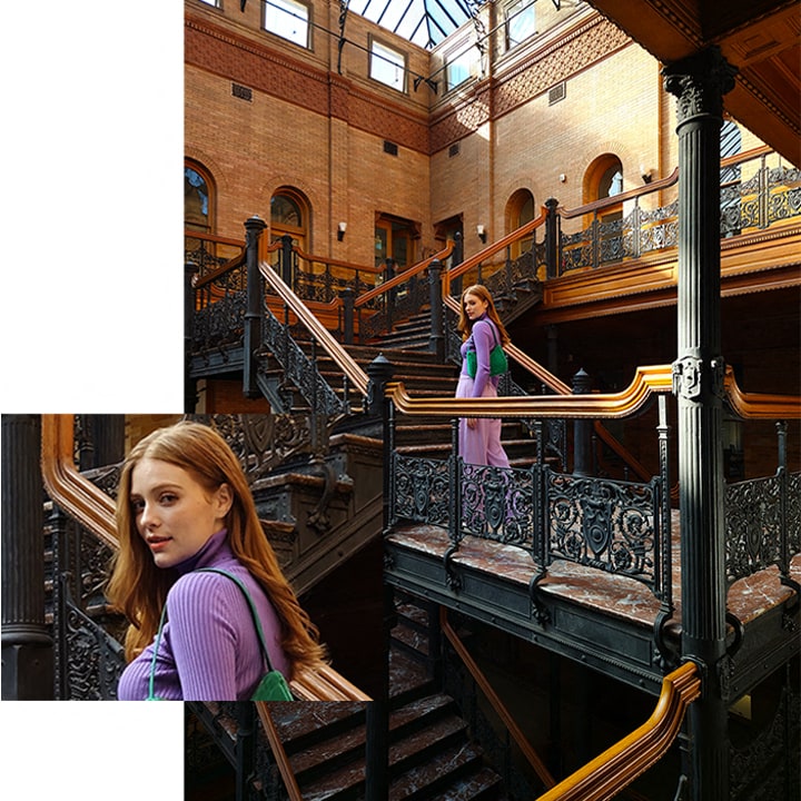 En kvinne som går opp en trapp og et nærbilde av det samme bildet