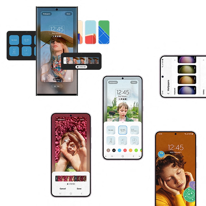 Telefoner fra Samsung Galaxy S23-serien med forskjellige temaer og utseende på låseskjermen