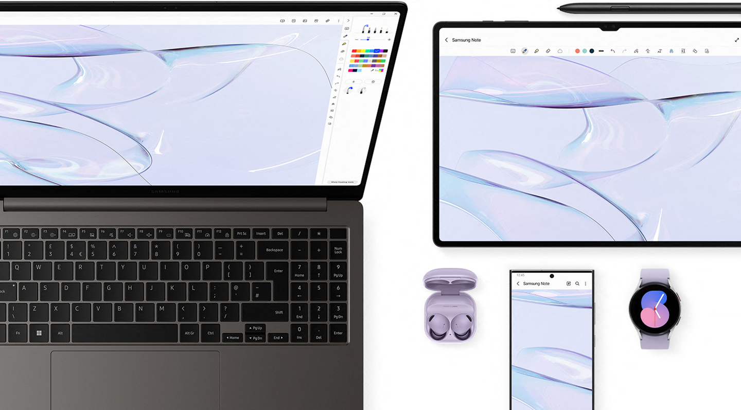 Samsung Galaxy Økosystem med Samsung Glaxy Book 3, Samsung Galaxy smarttelefon, ørepropper og smartklokke og nettbrett