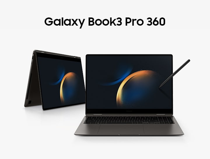 En Samsung Galaxy Book3 Pro 360 som bøyes bakover og en i vanlig positur