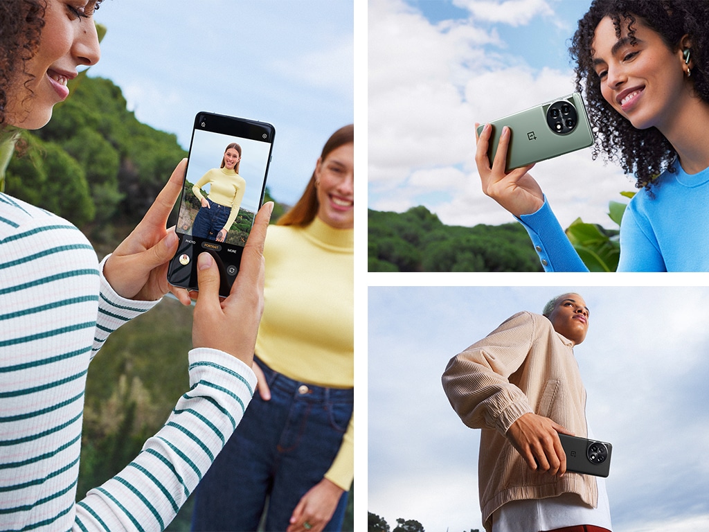3 bilder i ett med personer som star bilder med smarttelefonen OnePlus 11 5G