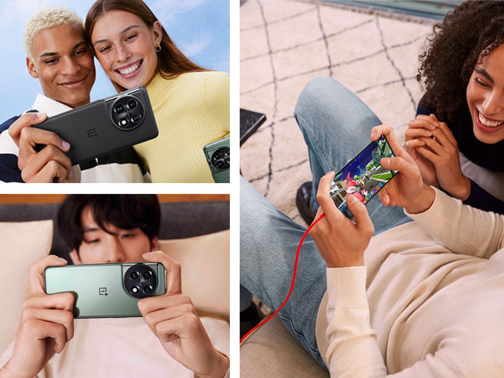 3 bilder i ett med personer som bruker smarttelefonen OnePlus 11 5G