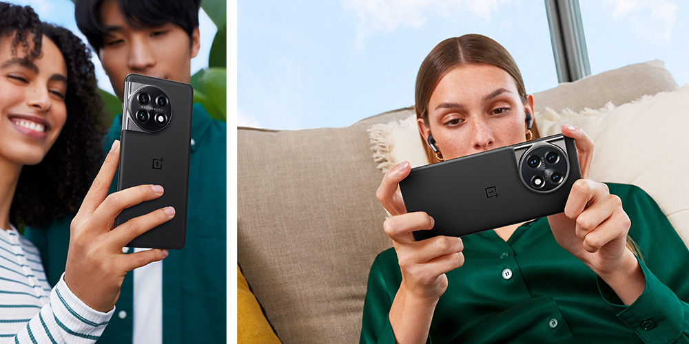 OnePlus 11 5G smarttelefon med fantastiske spesifikasjoner i hånden på et par og en kvinne
