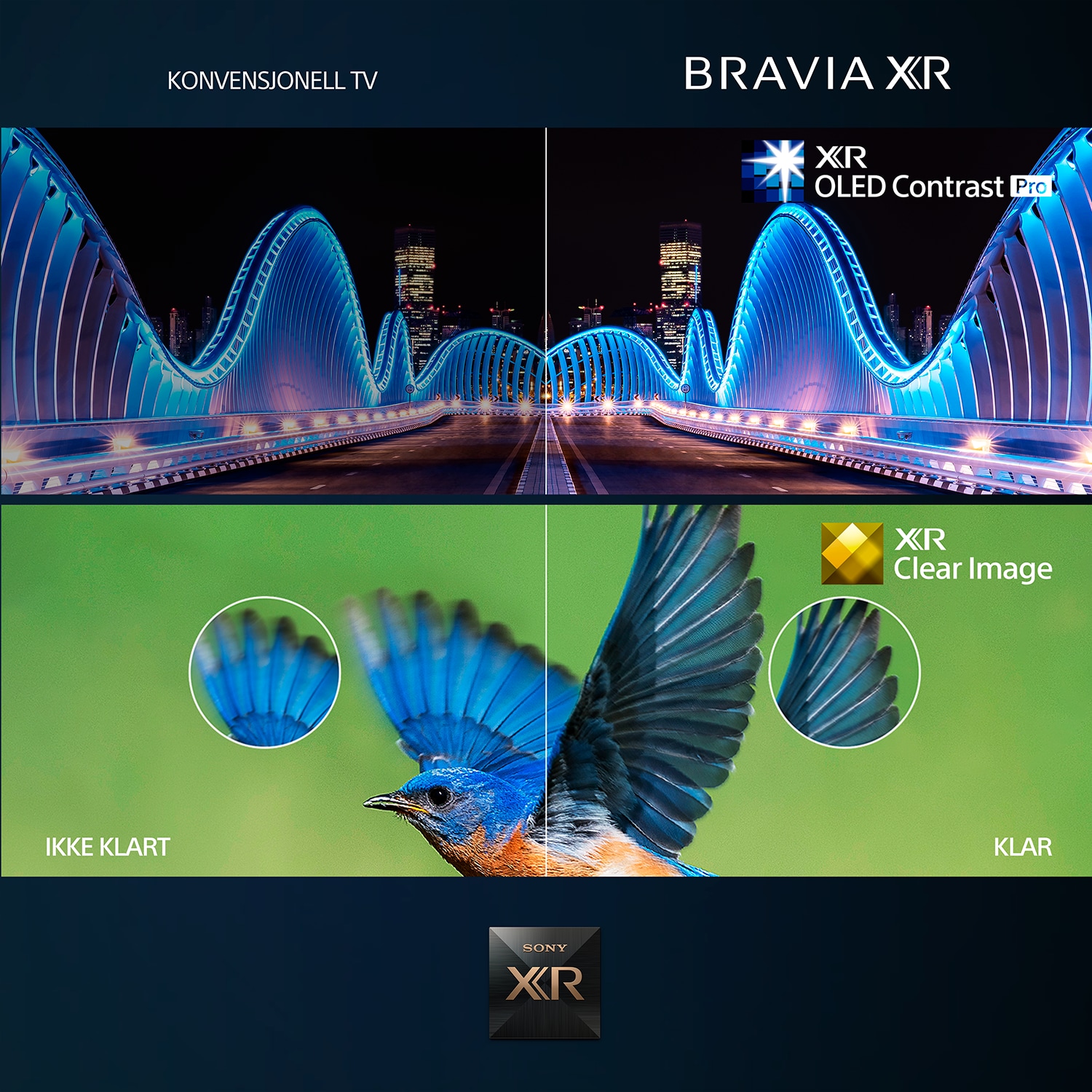 To bilder i ett som viser tydelig forskjell på skarpheten til en konvensjonell TV og Sony Bravia XR