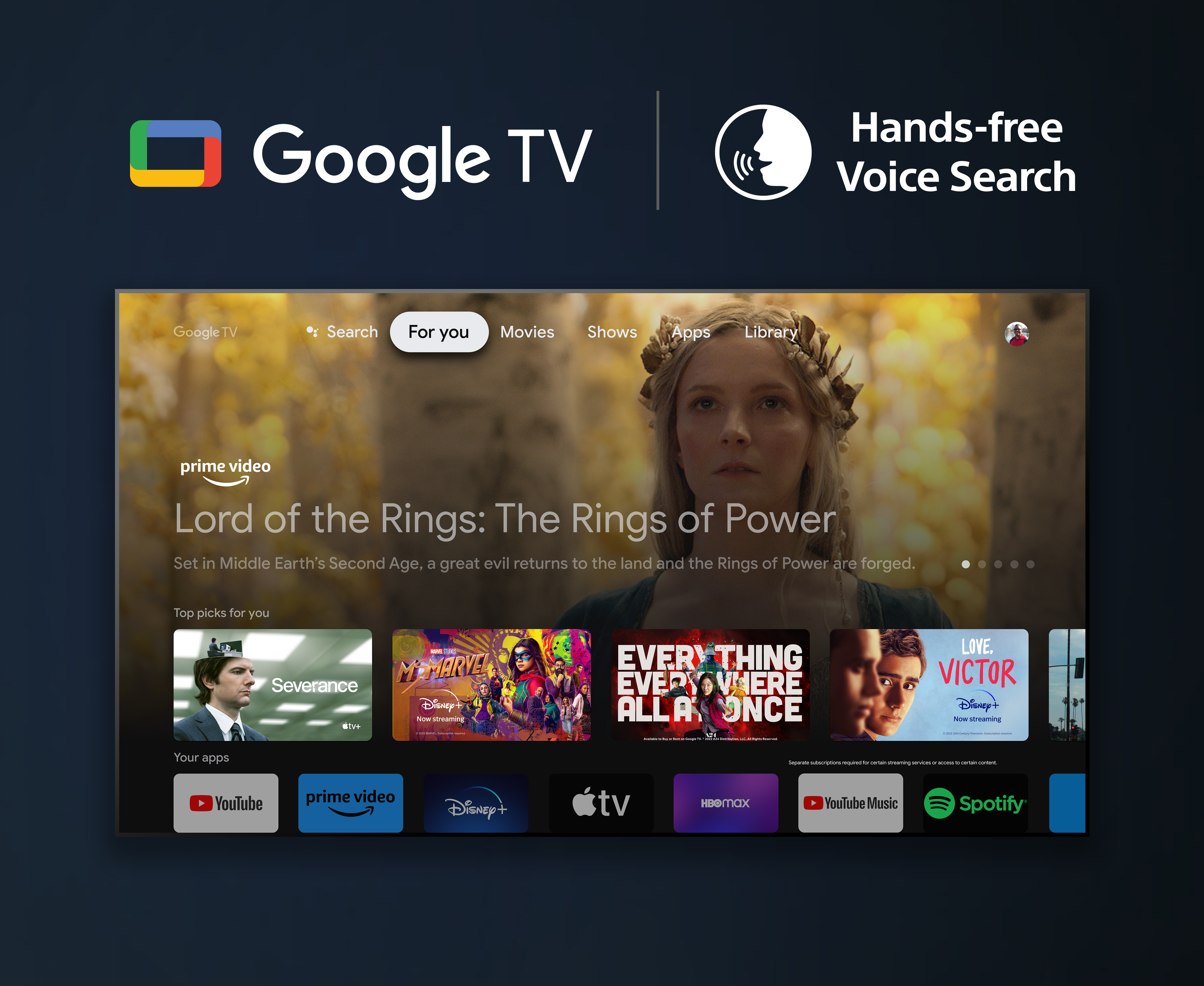 Google TV med voice search som viser flere filmer og serier