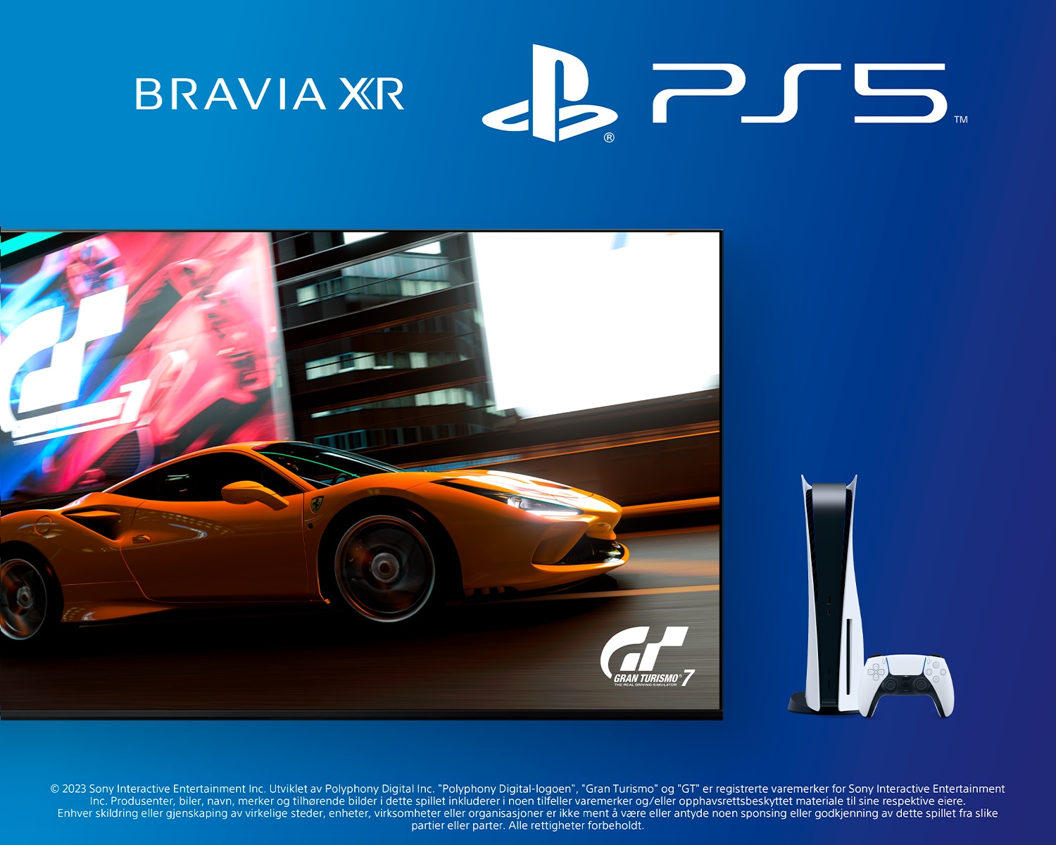 Sony Bravia A80L TV som viser bilspill i god bildekvalitet og en Playstation 5