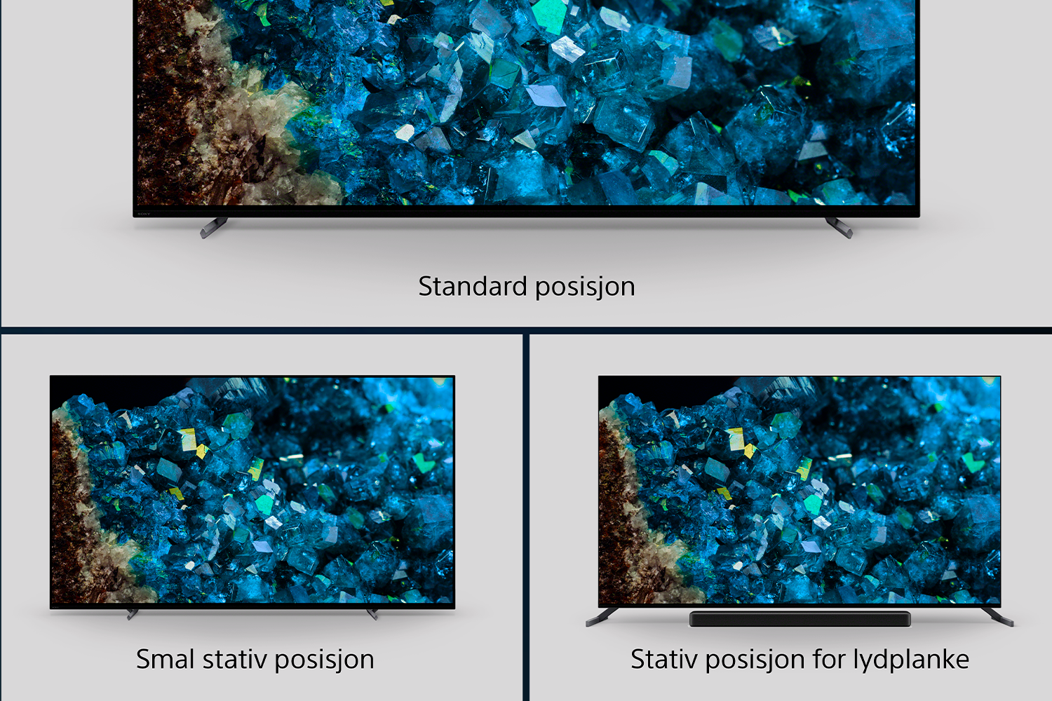 Sony Bravia A80L TV med aluminiumsstativ i 3 forskjellige posisjoner