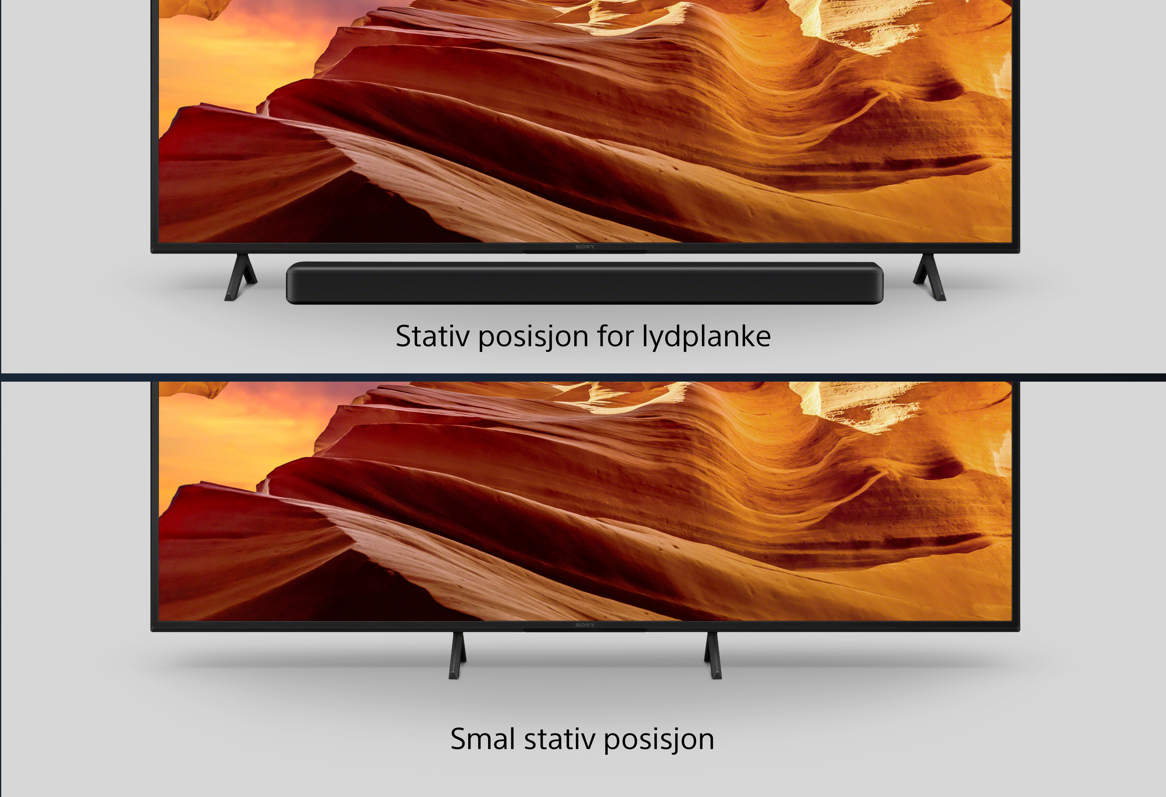 Sony X75WL TV med to forskjellige stativposisjoner