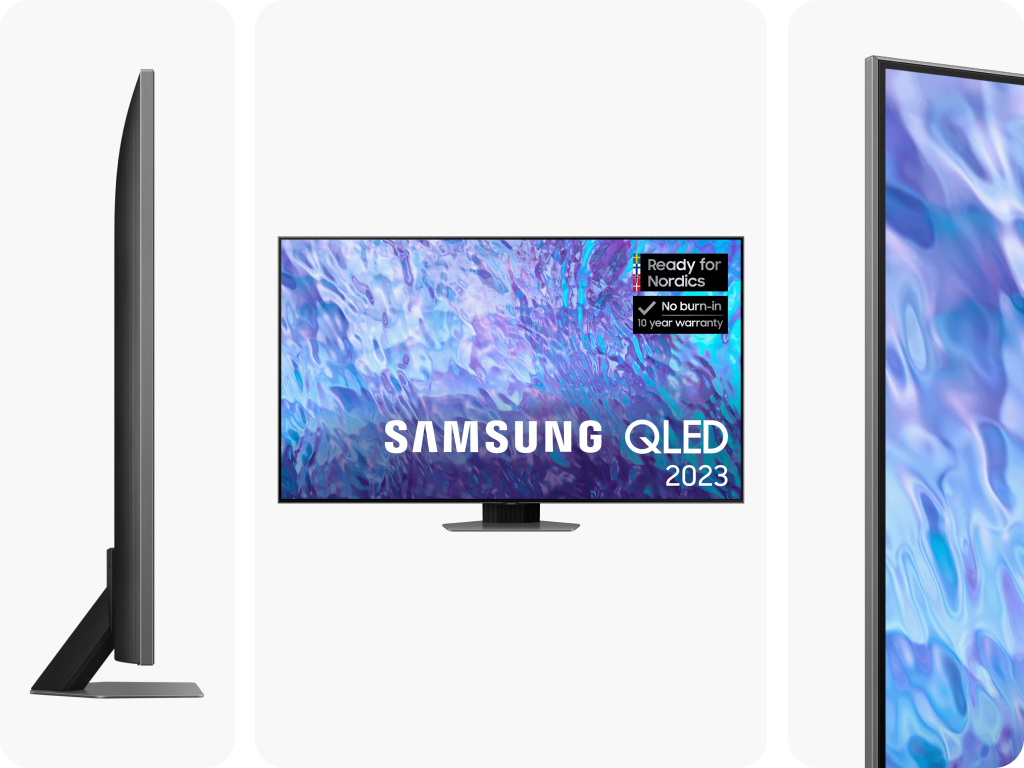 Samsung QLED Q80C i tre forskjellige vinkler 