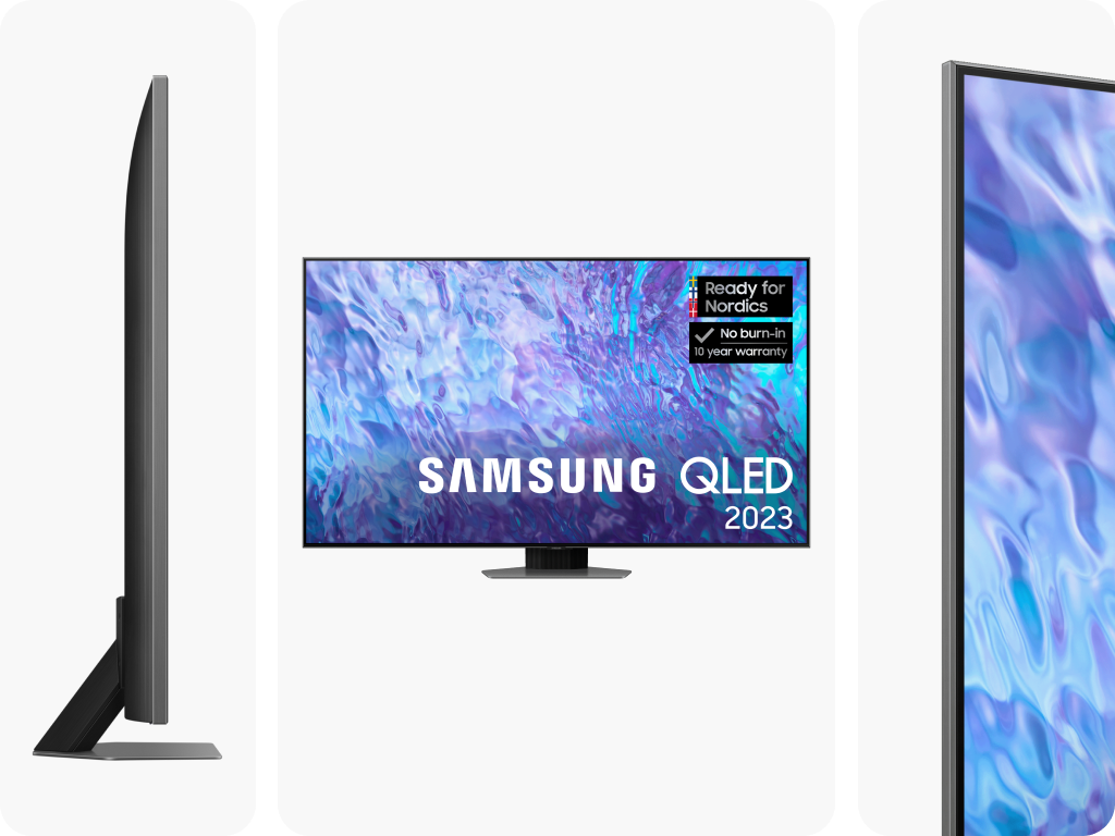 Samsung QLED Q80C i tre forskjellige vinkler