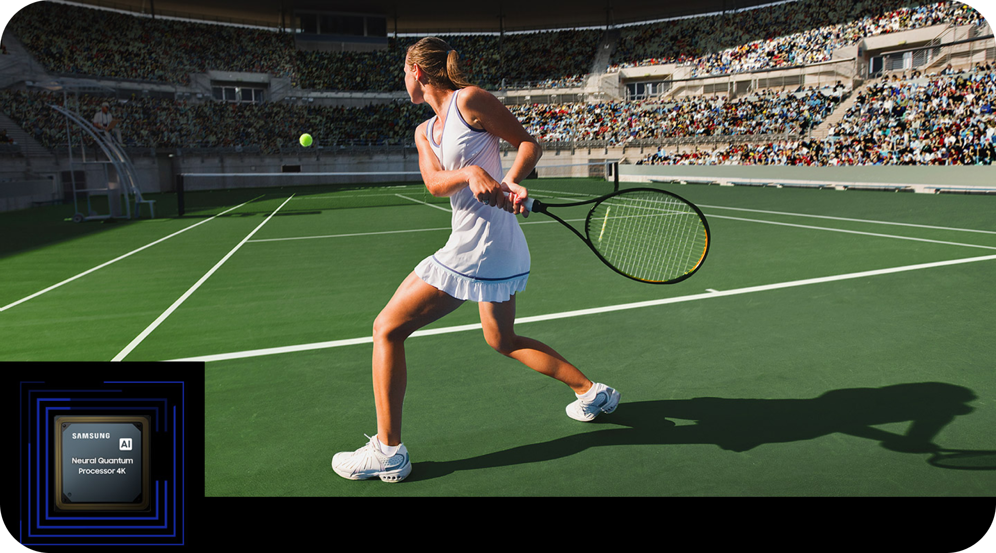 Samsung TV med Neural Quantum Processor 4K og en jente som spiller tennis
