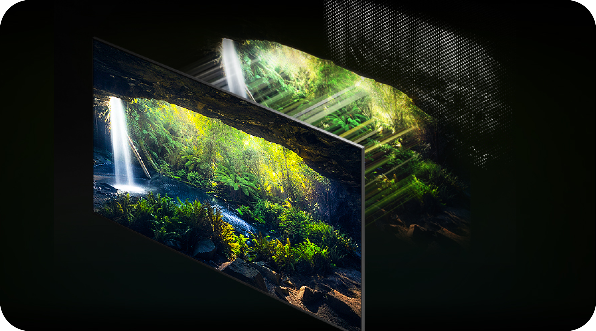 Samsung TV med Quantum Matrix Technology Pro og som viser bilde av en oase
