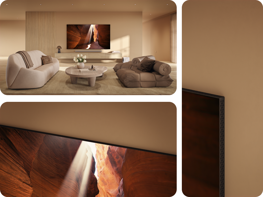 ildecollage av Samsung QNED Q900C TV og nærbilder av skjermkanten
