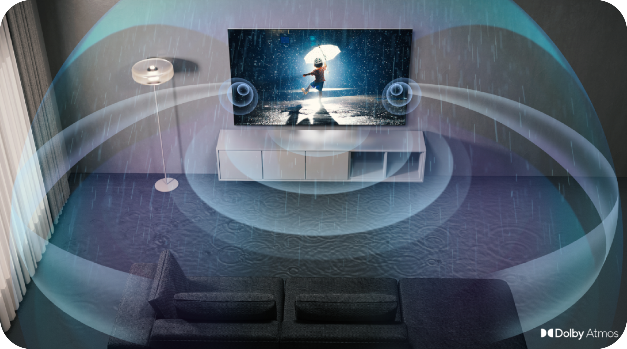 Samsung TV med Dolby Atmos og lydbølger som gir en tredimensjonal lyd rundt i rommet