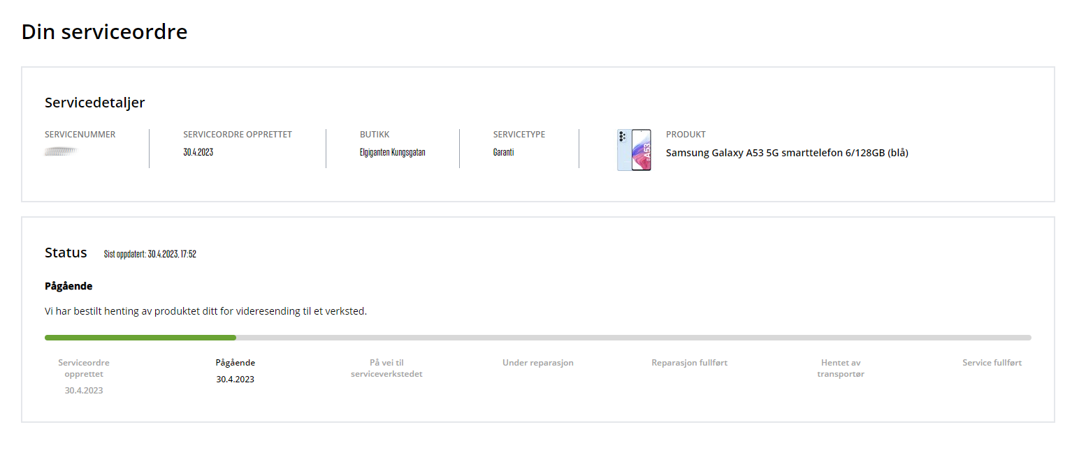Kundeservice - Eksempel på hvordan reparasjonssporingssiden ser ut