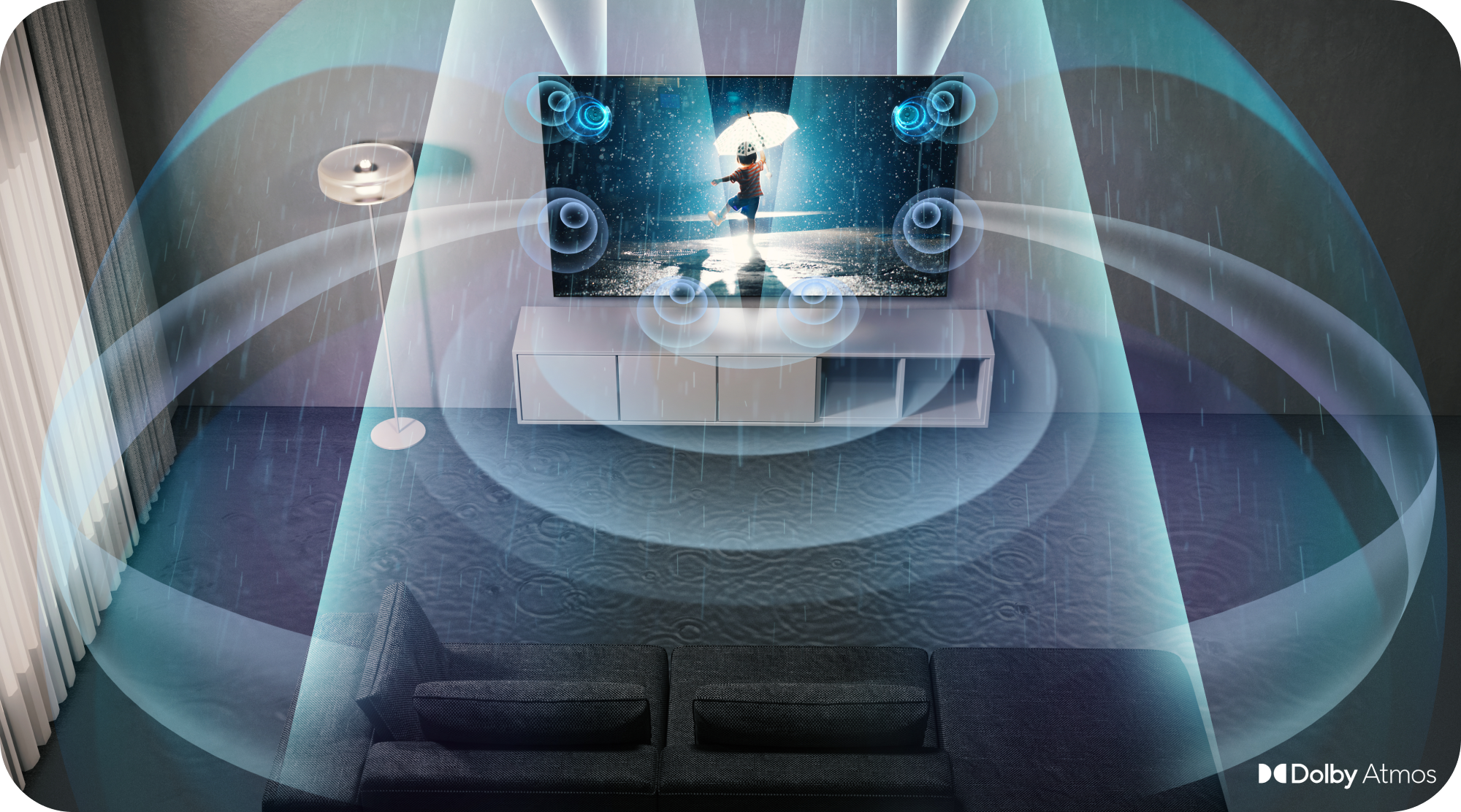 Samsung TV med Dolby Atmos og lydbølger som blir illustrert rundt i stua