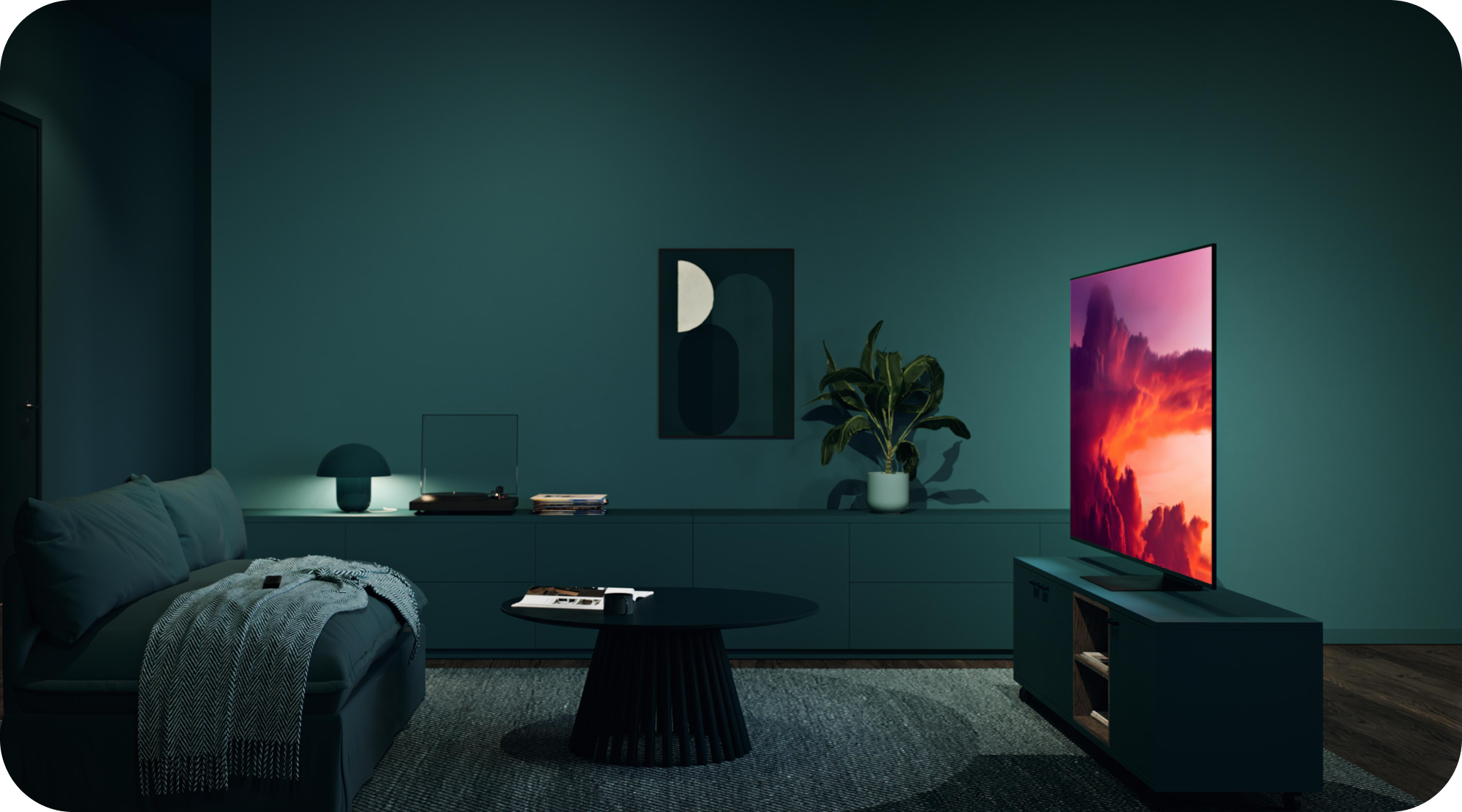 Samsung OLED TV i en stue med grønne vegger