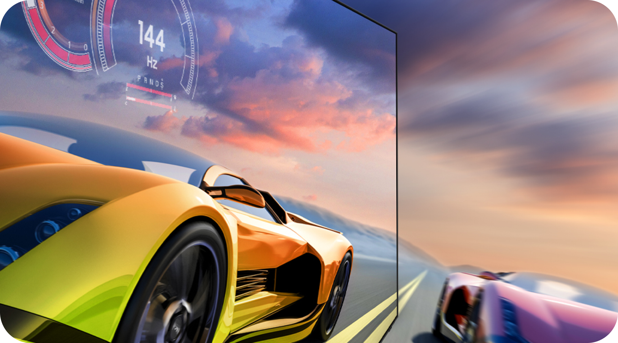 Samsung TV med MotionXcelerator og en racerbil på en TV-skjerm