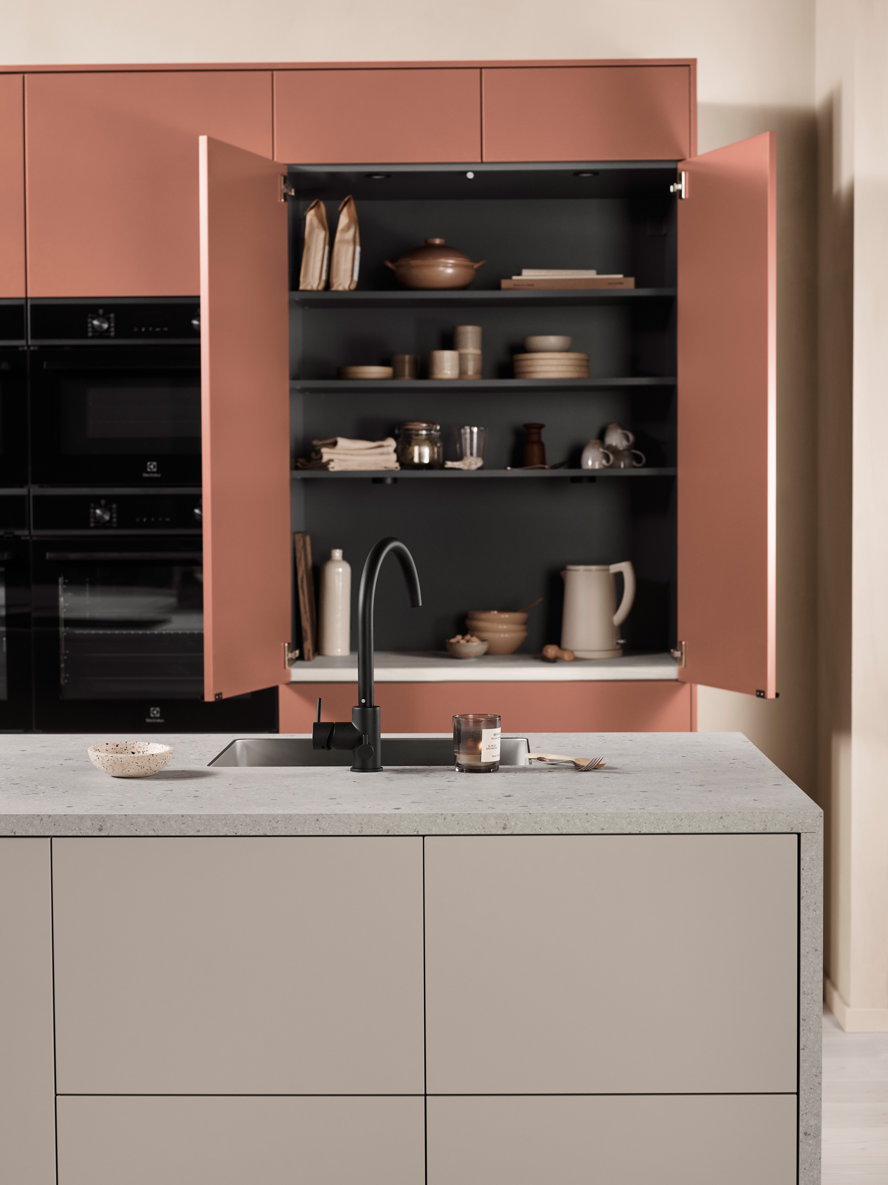 Trend red clay kitchen and open cabinet