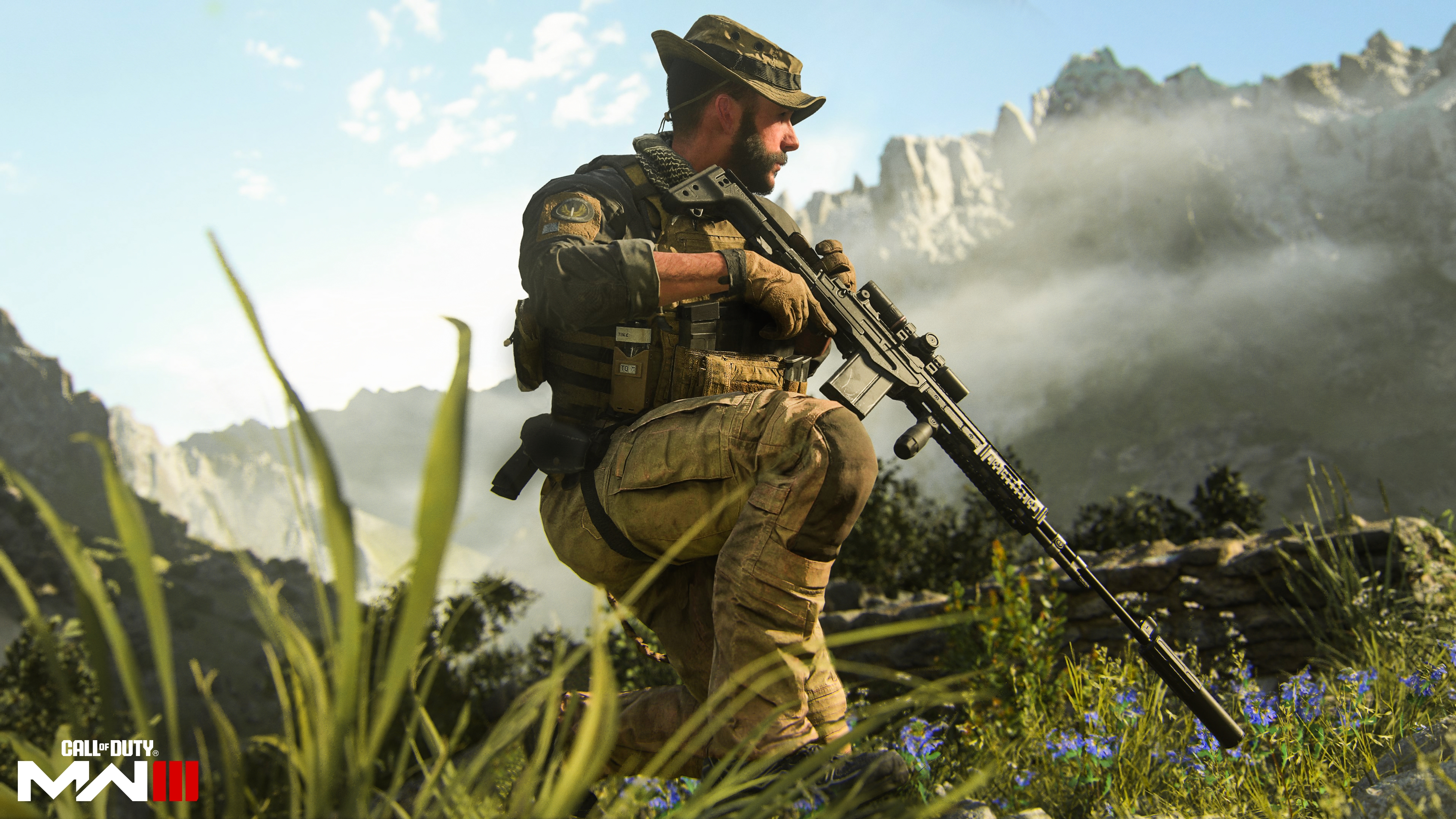 Sjermdump av Captain Price som står på kne i en eng
