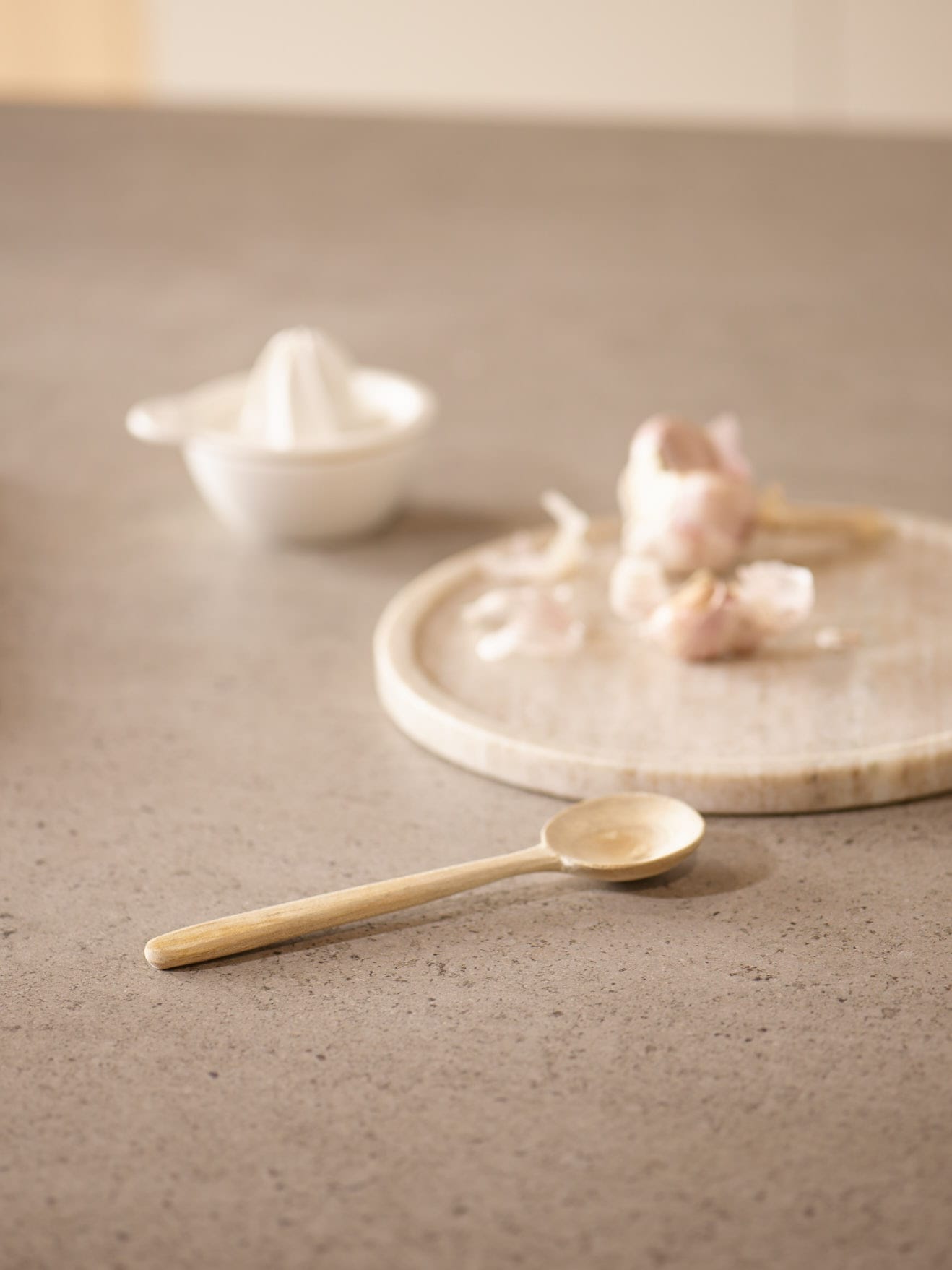 Spoon and plate with garlic on a worktop