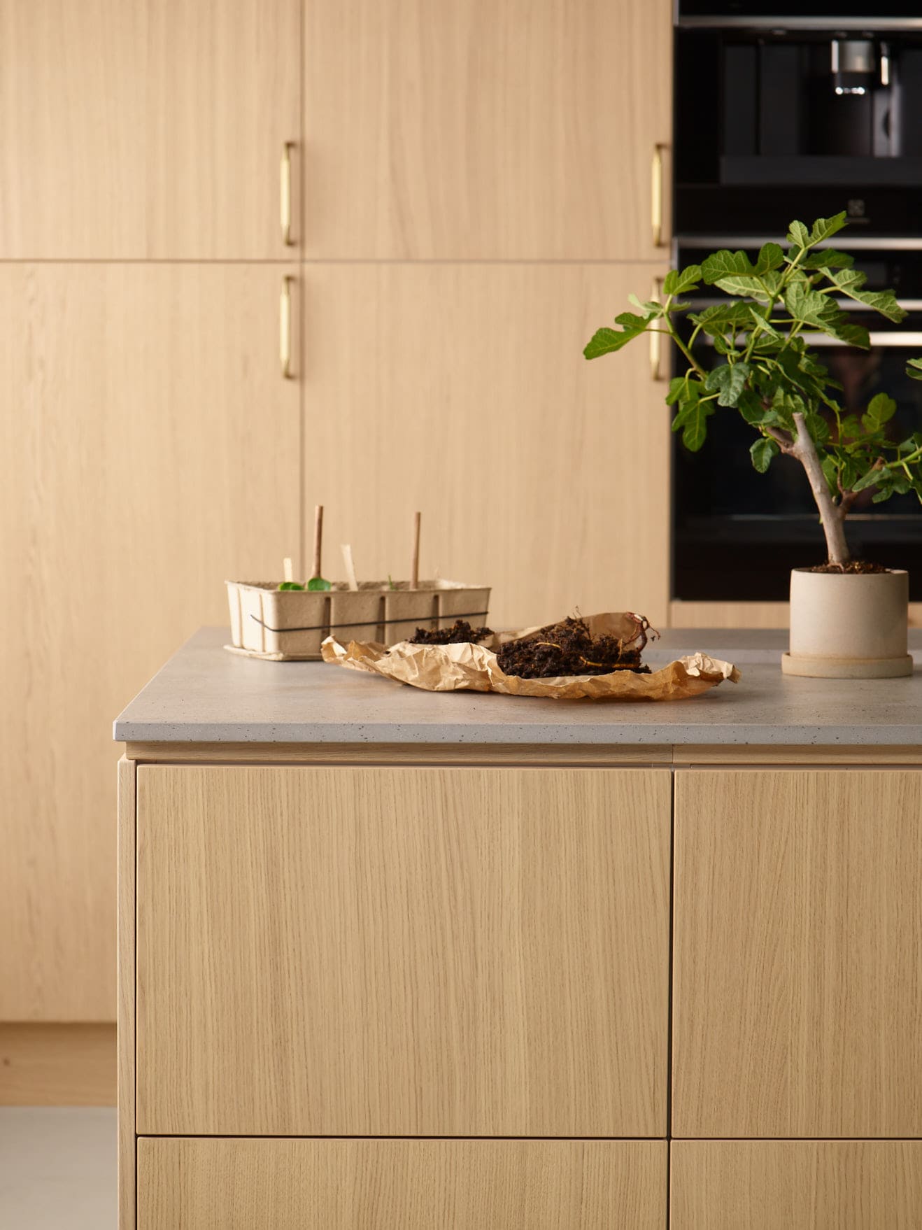 Wooden kitchen with a grey wotktop and food on it