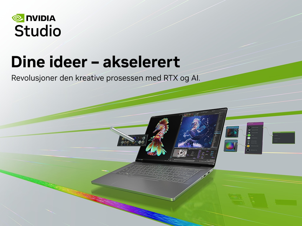 Nvidia Studio-banner med bilde av bærbar PC og Adobe Studio-program