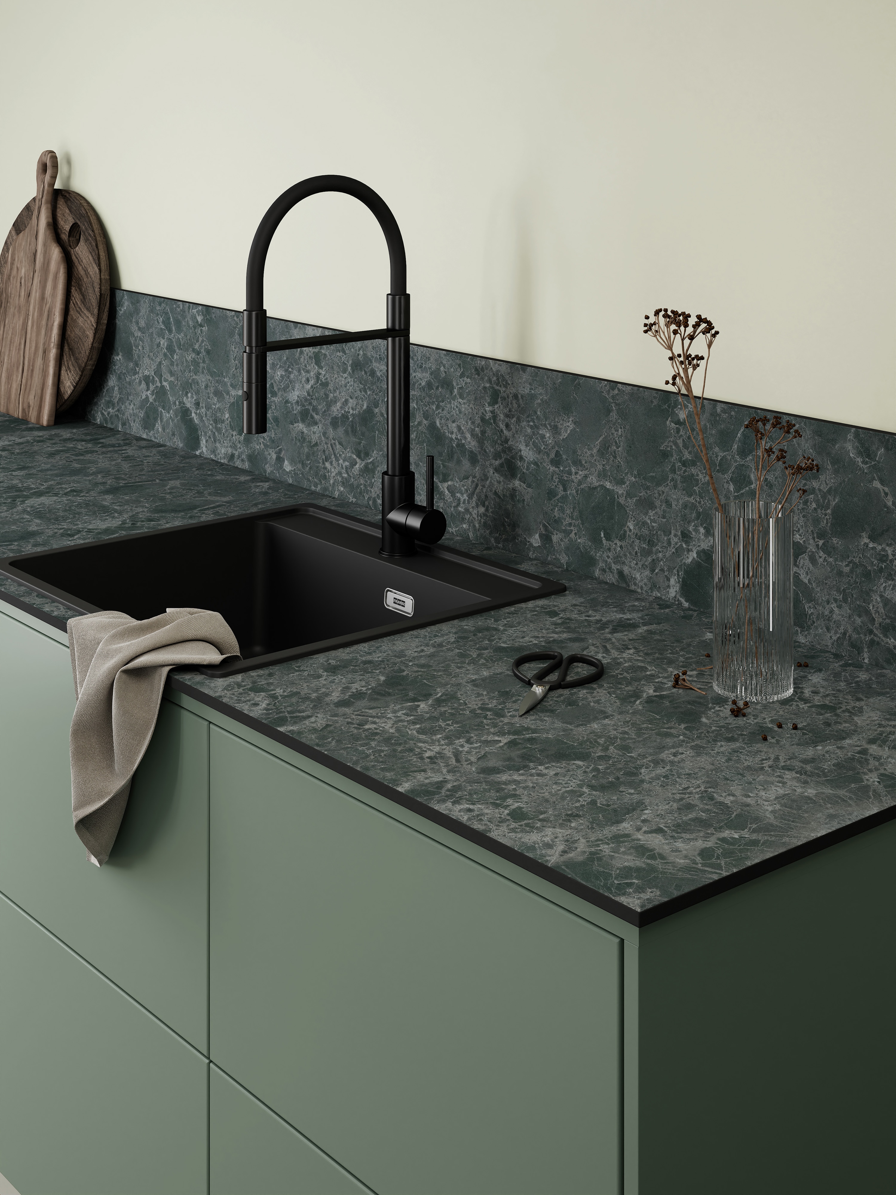 Petrol green Epoq kitchen with black faucet