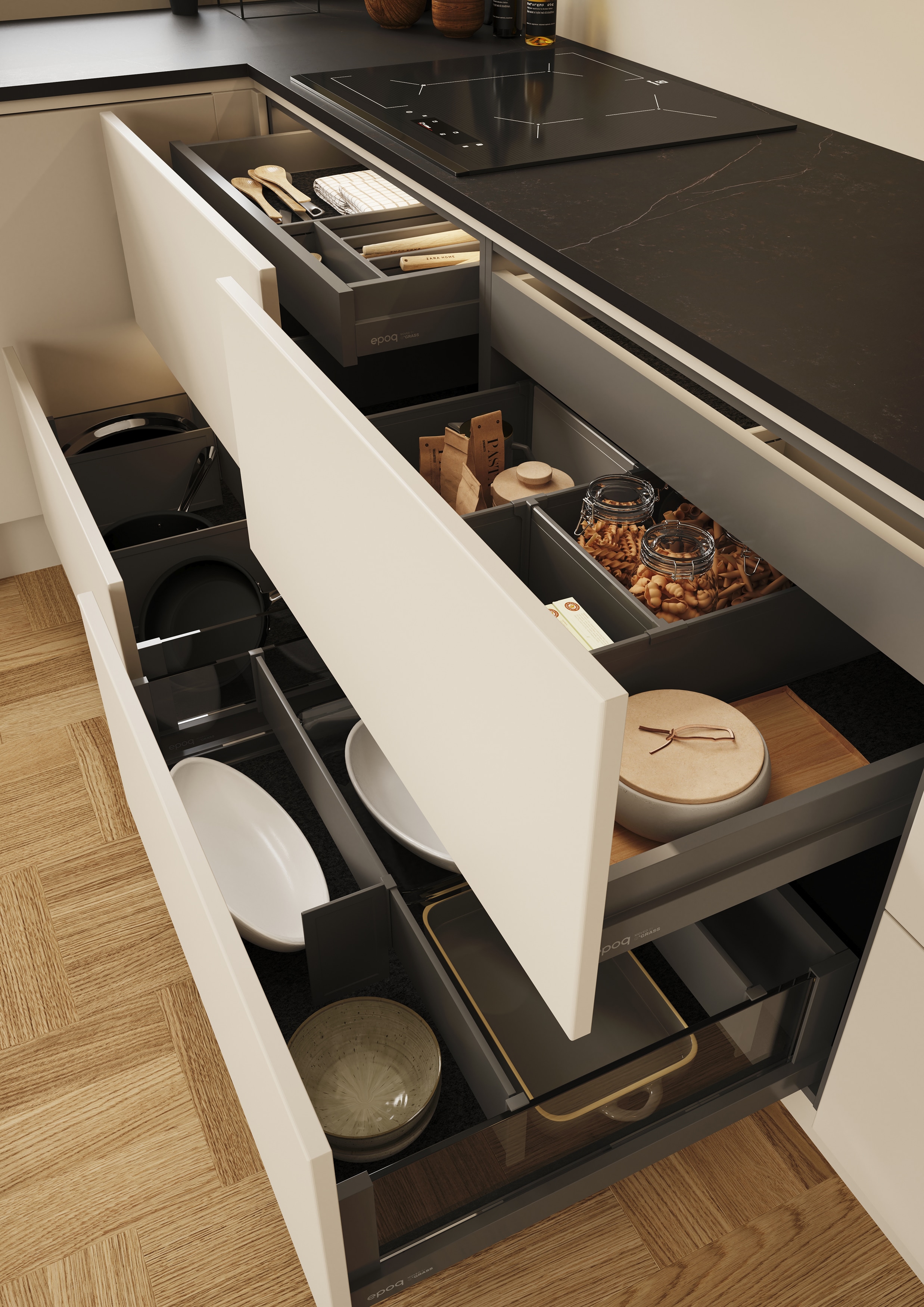 EPOQ - K30C - Kitchen - Trend Greige - Beige - Dekton Worktop - open drawer - drawer divider - cutlery tray - hob