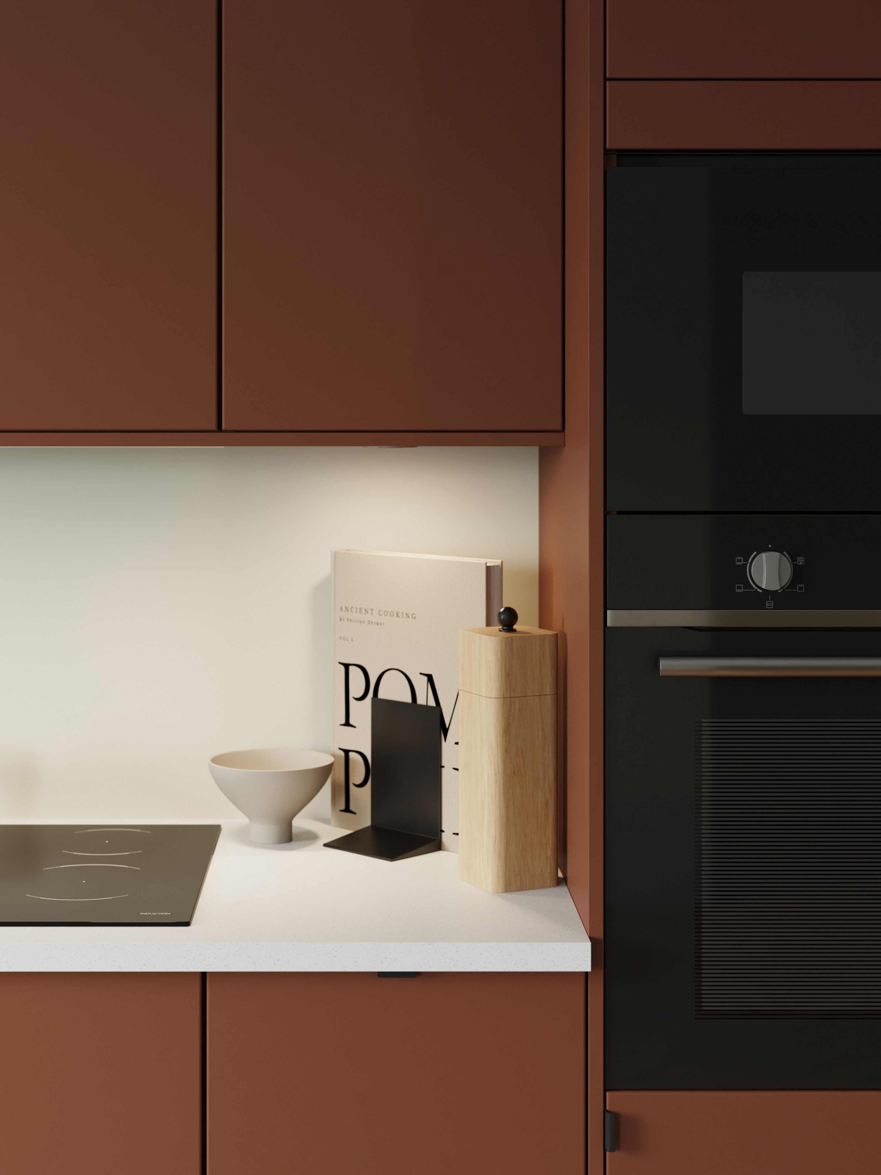 Epoq Kitchen - Trend Sienna - white laminate worktop - glass cabinets - integrated oven - hob - kettle