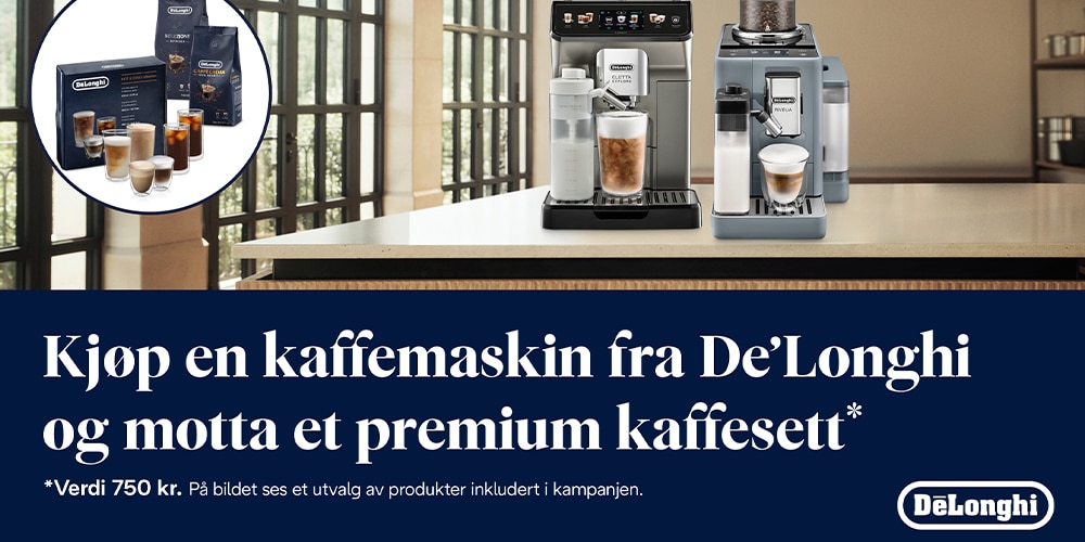 Kjøp en kaffemaskin fra DeLonghi og motta et premium kaffesett