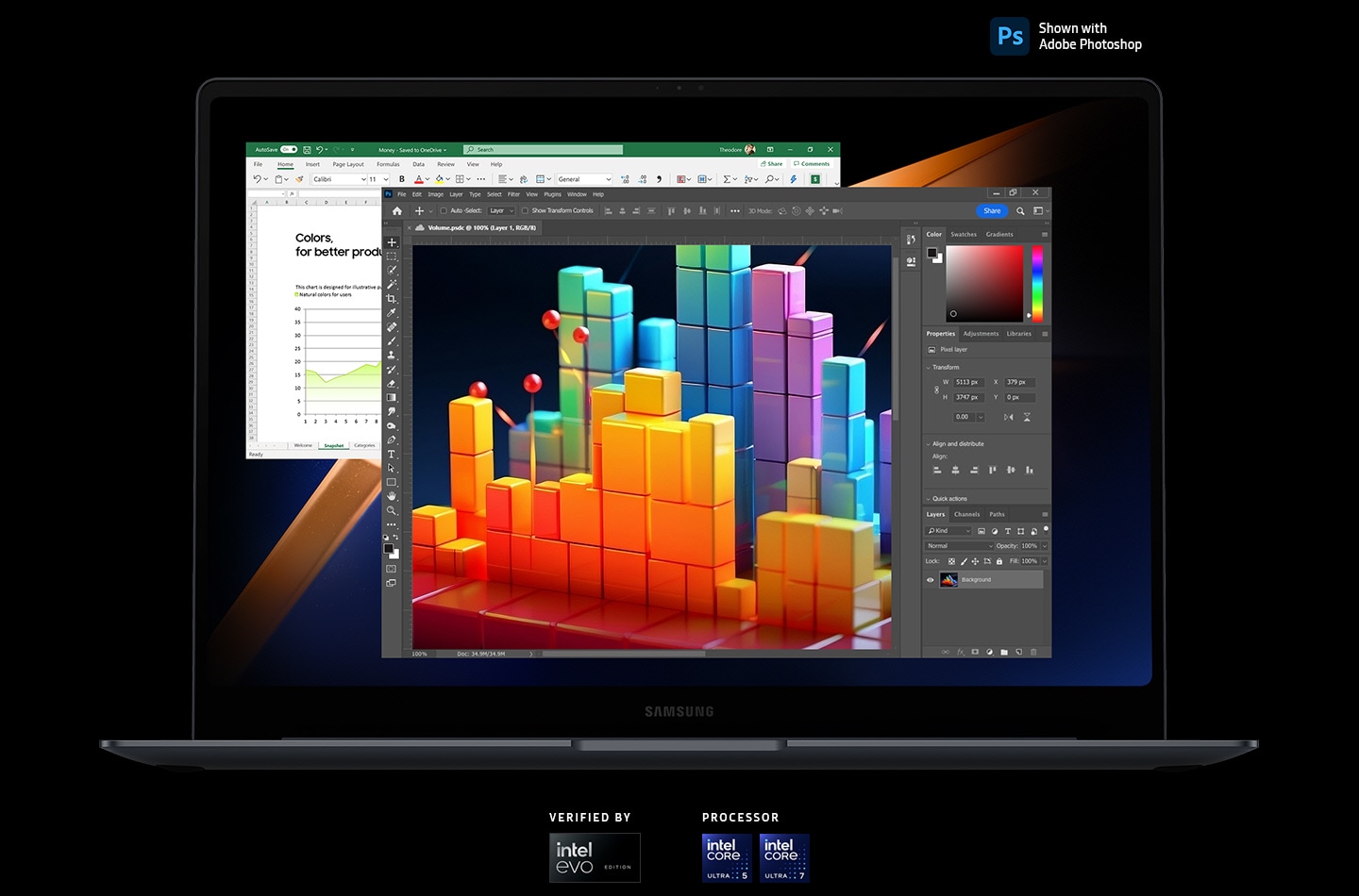 Galaxy Book4 Pro med Adobe Photoshop og Microsoft Excel åpen på skjermen