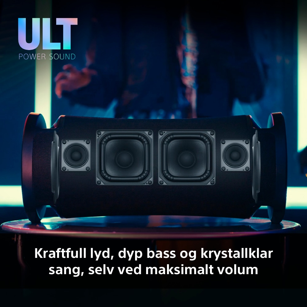 Sony ULT FIELD 7-høyttaler og teksten Kraftful lyd, dyp bass og krystallklar sang, selv ved maskimalt volum