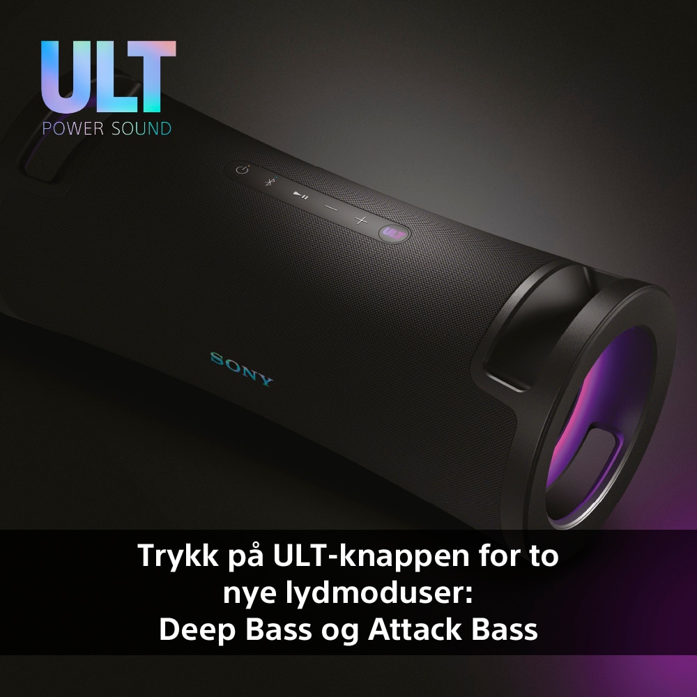 Sony ULT FIELD 7- høyttaler og teksten Trykk på ULT-knappen for to nye lydmoduser Deep bass og Attack Bass