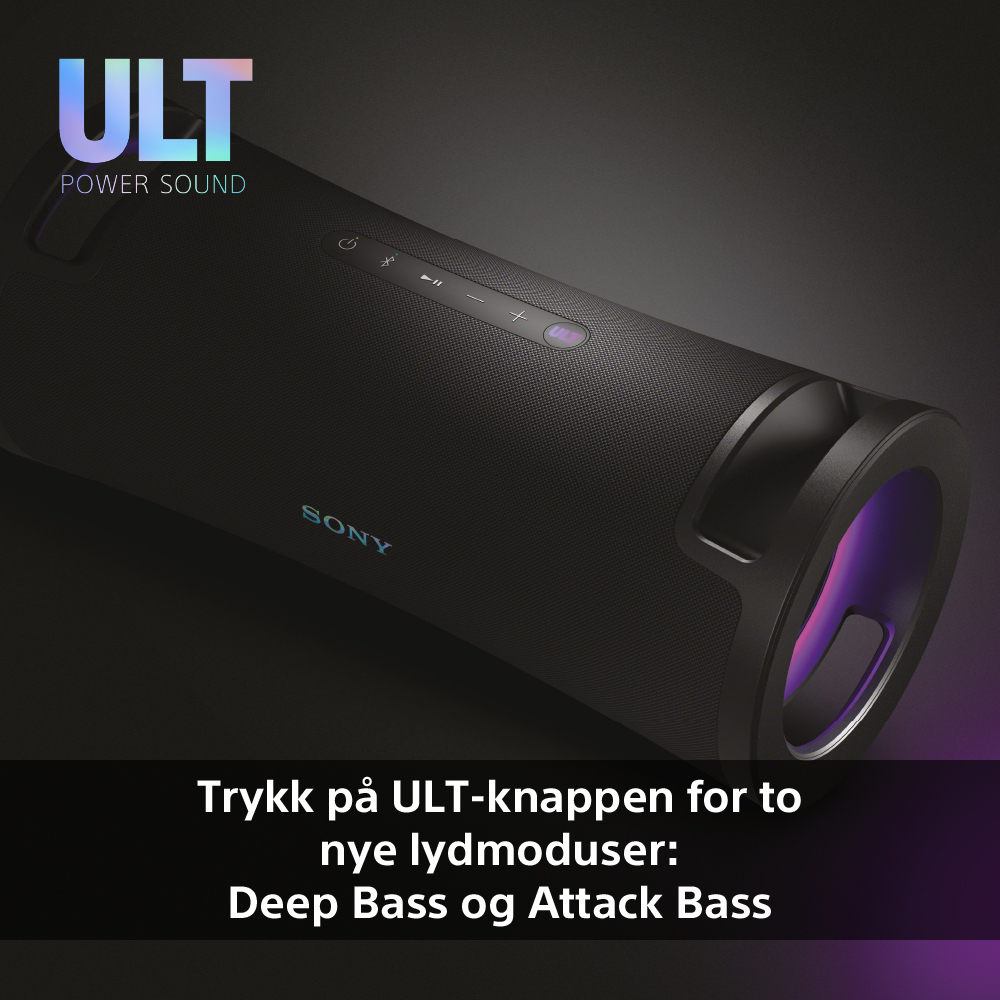 Sony ULT FIELD 7- høyttaler og teksten Trykk på ULT-knappen for to nye lydmoduser Deep bass og Attack Bass